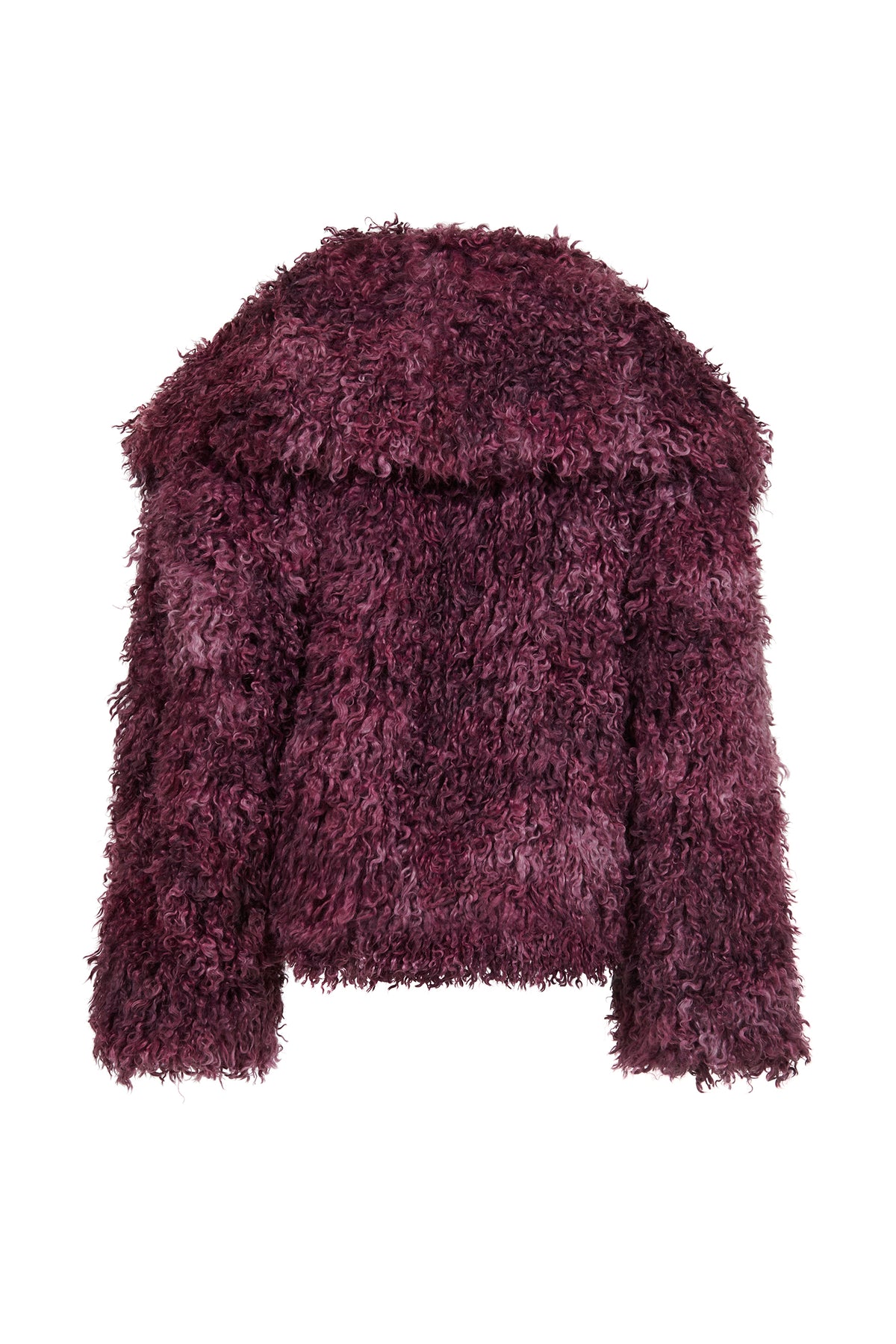 AMEN burgundy Mongolian-style faux fur coat with curly texture and long sleeves back view