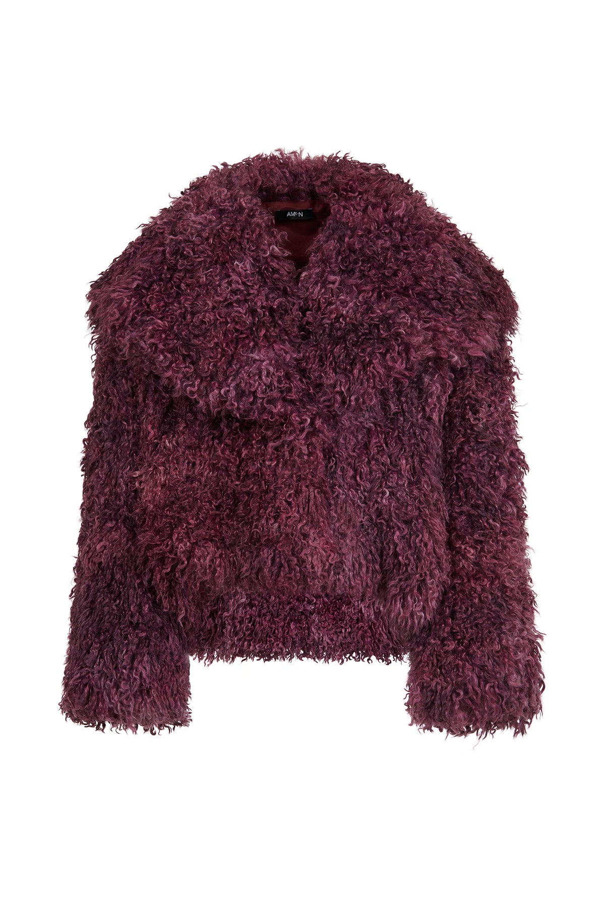 AMEN burgundy Mongolian-style faux fur coat with curly texture and long sleeves