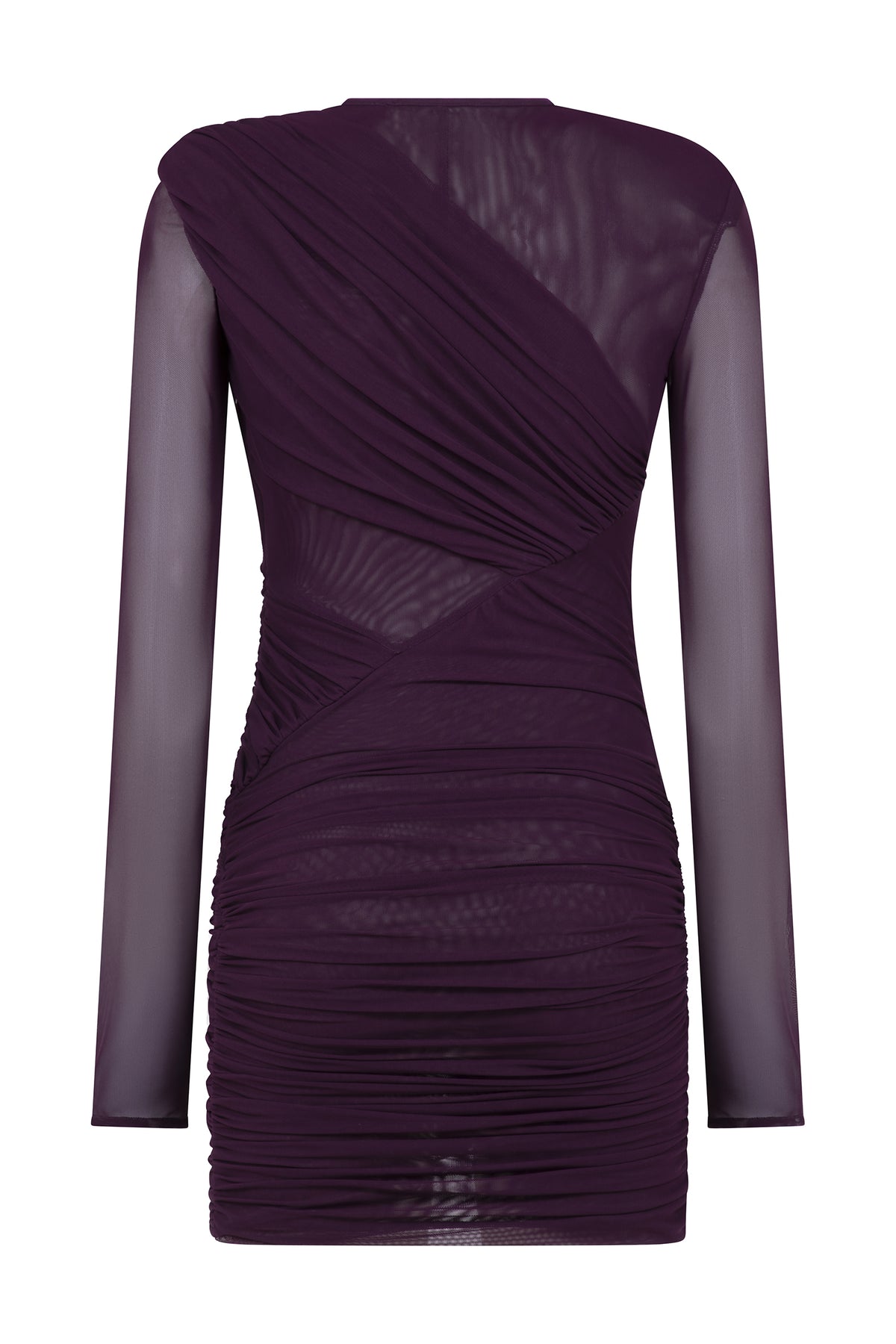 AMEN burgundy sheer net mini dress with transparent long sleeves and ruched back construction back view