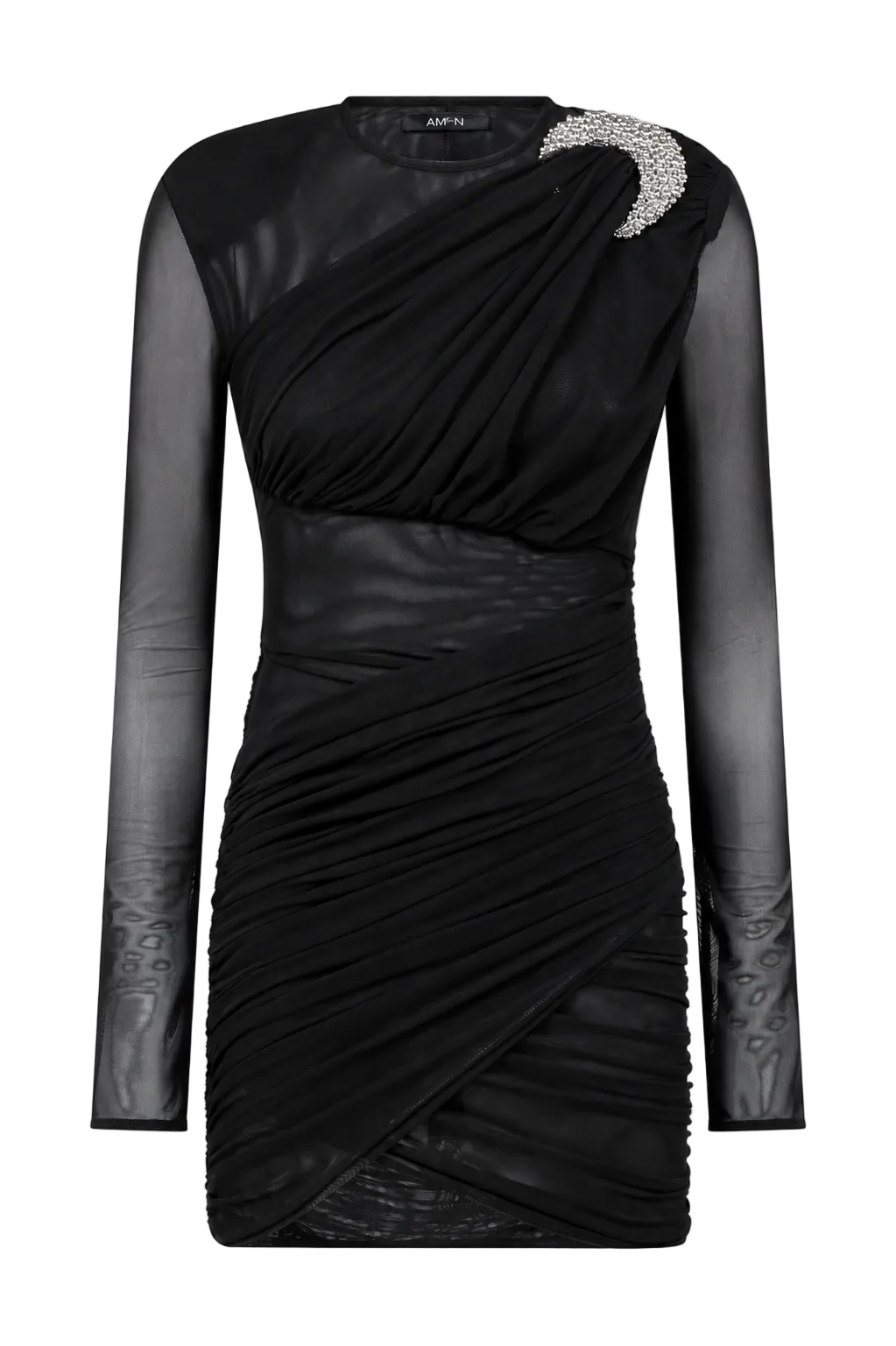 AMEN burgundy sheer net mini dress with transparent long sleeves and ruched back construction back view