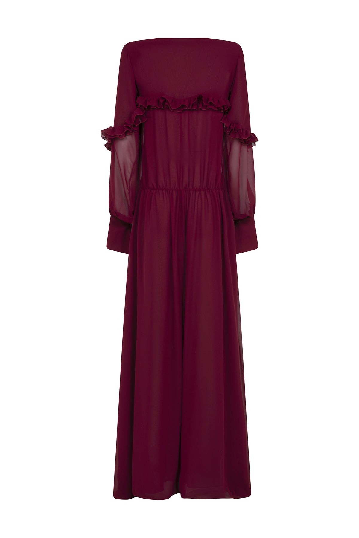 CAMEN burgundy chiffon long dress with horizontal ruffle detail, gathered waist and full-length skirt back view
