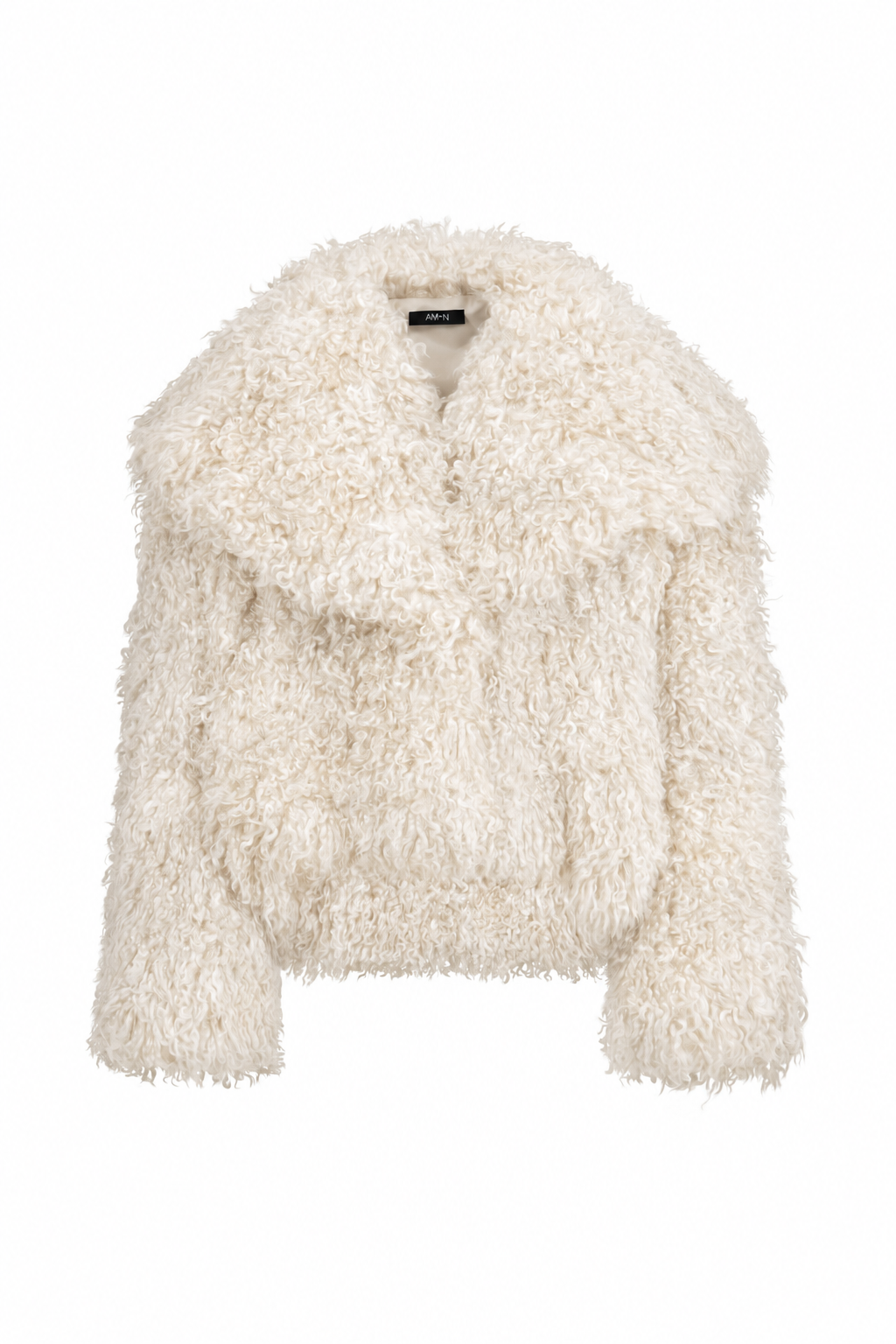 AMEN chalk Mongolian-style faux fur coat with curly texture and oversized shawl collar front view