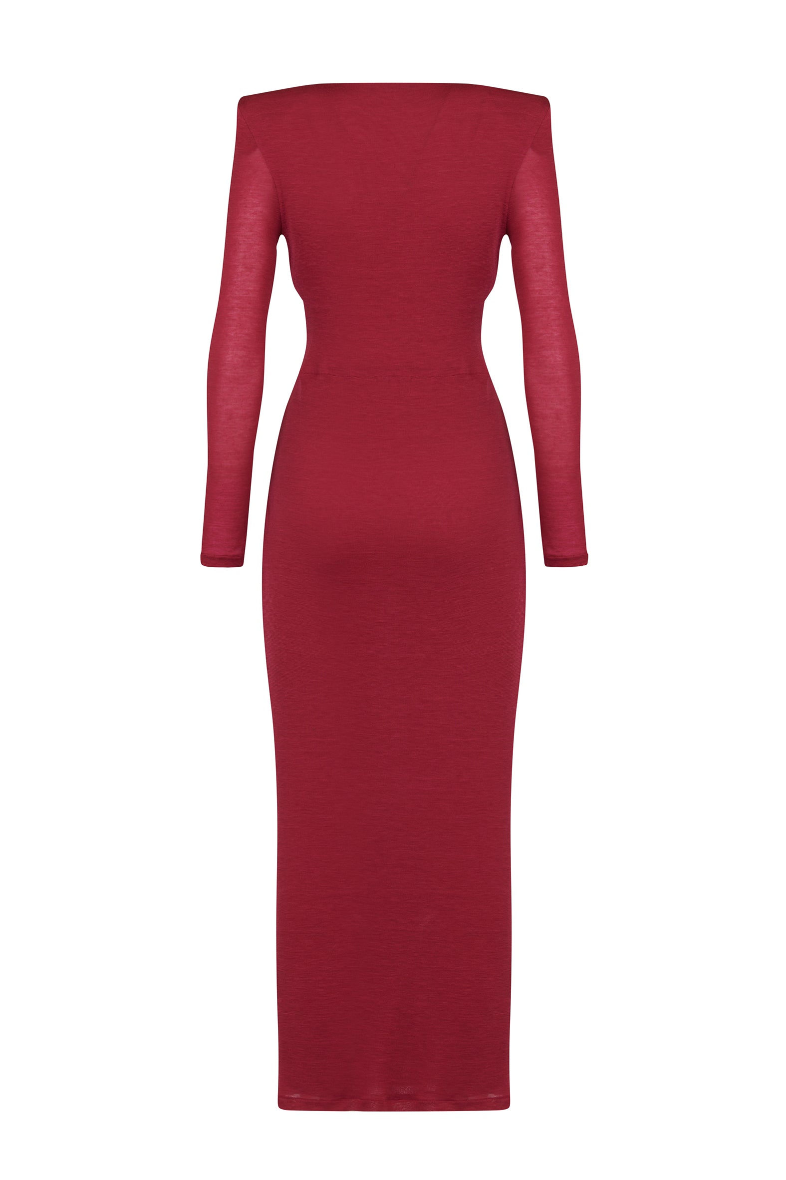 AMEN cherry red longuette dress in warm jersey with long sleeves and clean fitted back view