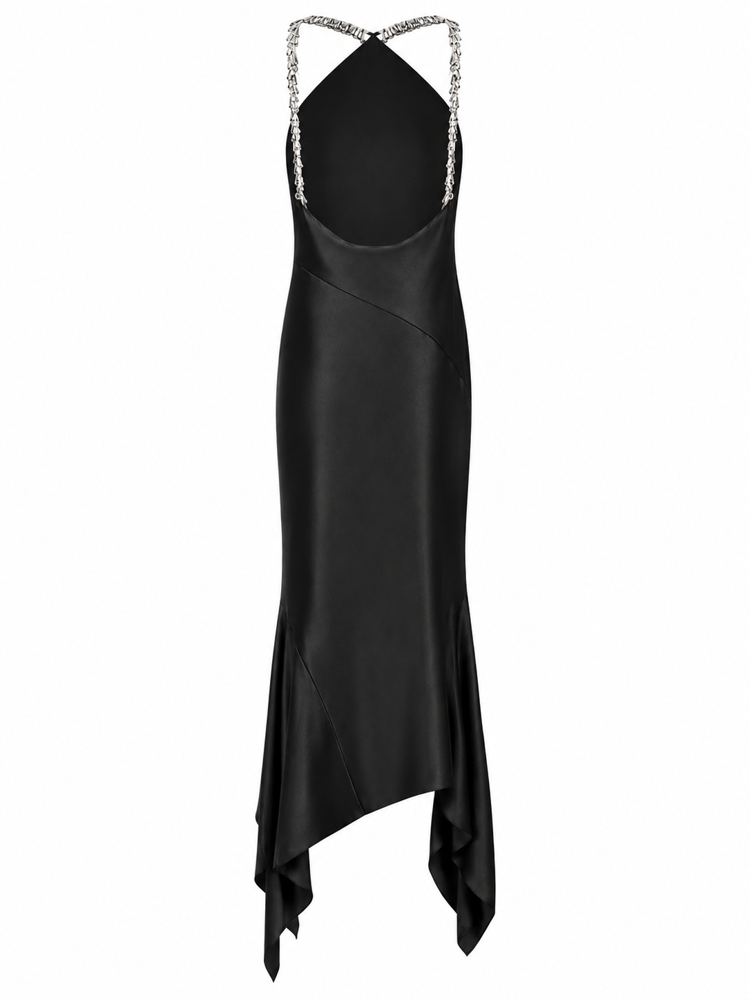 Back view of AMEN black stretch crepe maxi dress with open draped back and crystal-embellished straps.