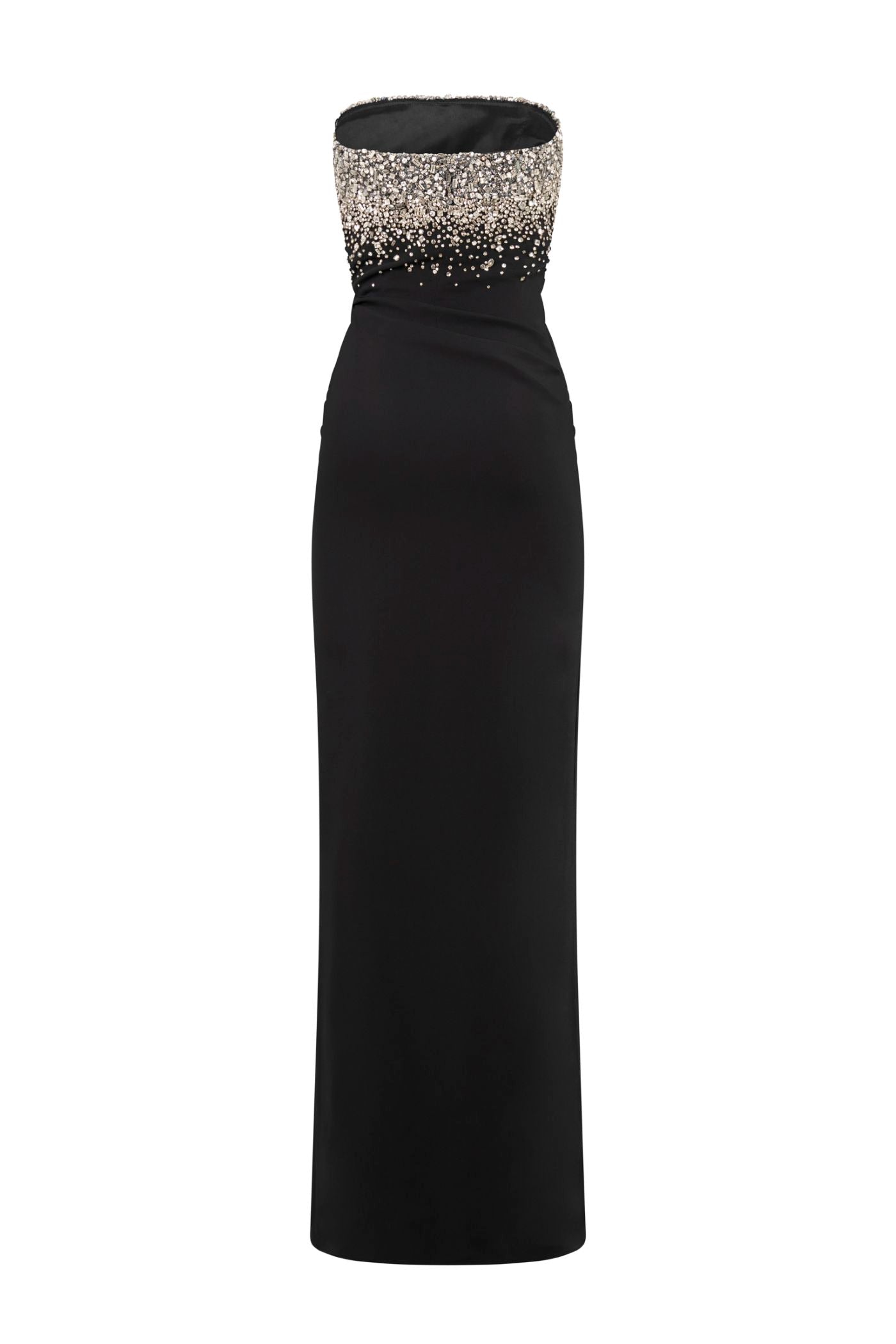 Back view of AMEN crystal embellished strapless crepe gown