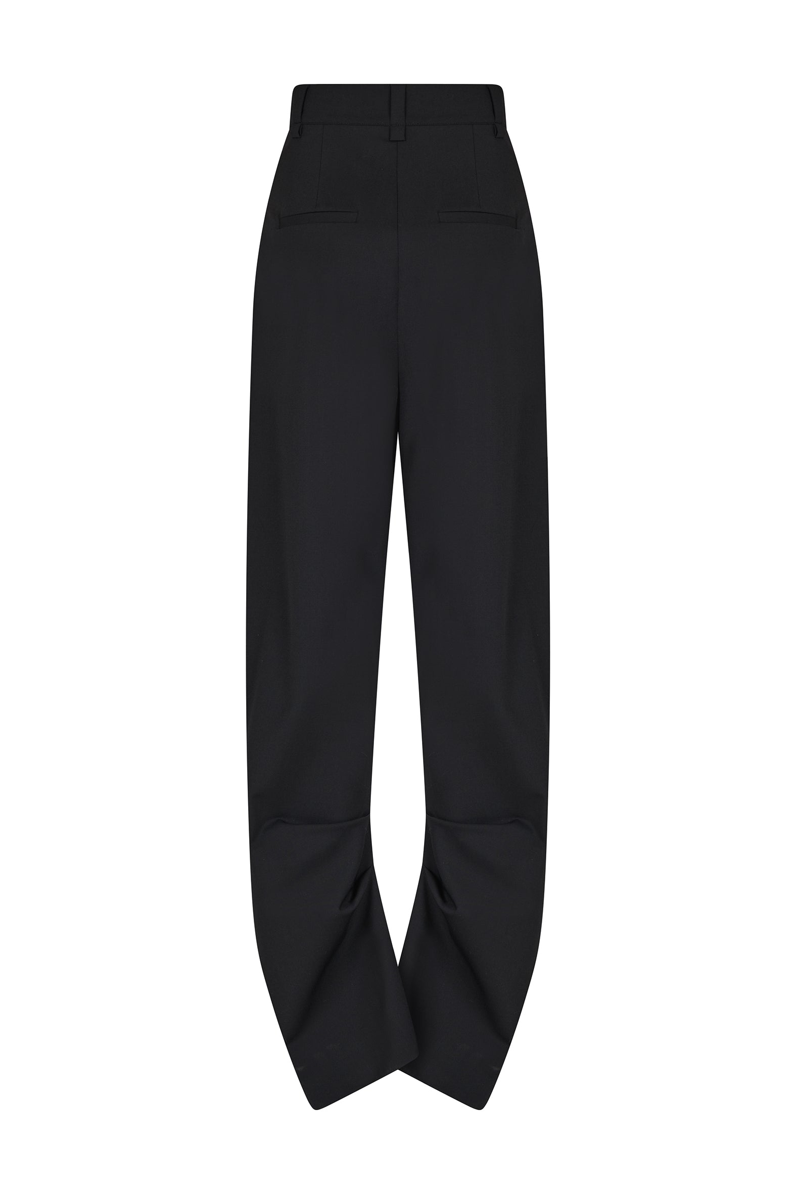 AMEN black wool gabardine tailored pants with welt pockets and draped hem back view