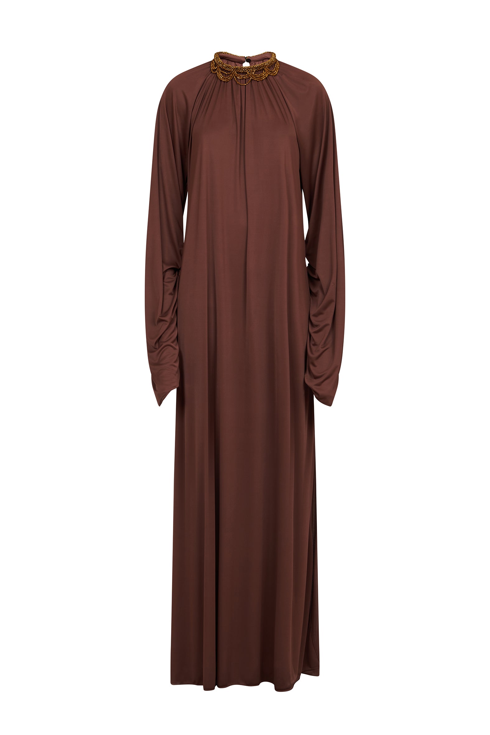 AMEN embellished collar long dress in dark brown fluid jersey front view