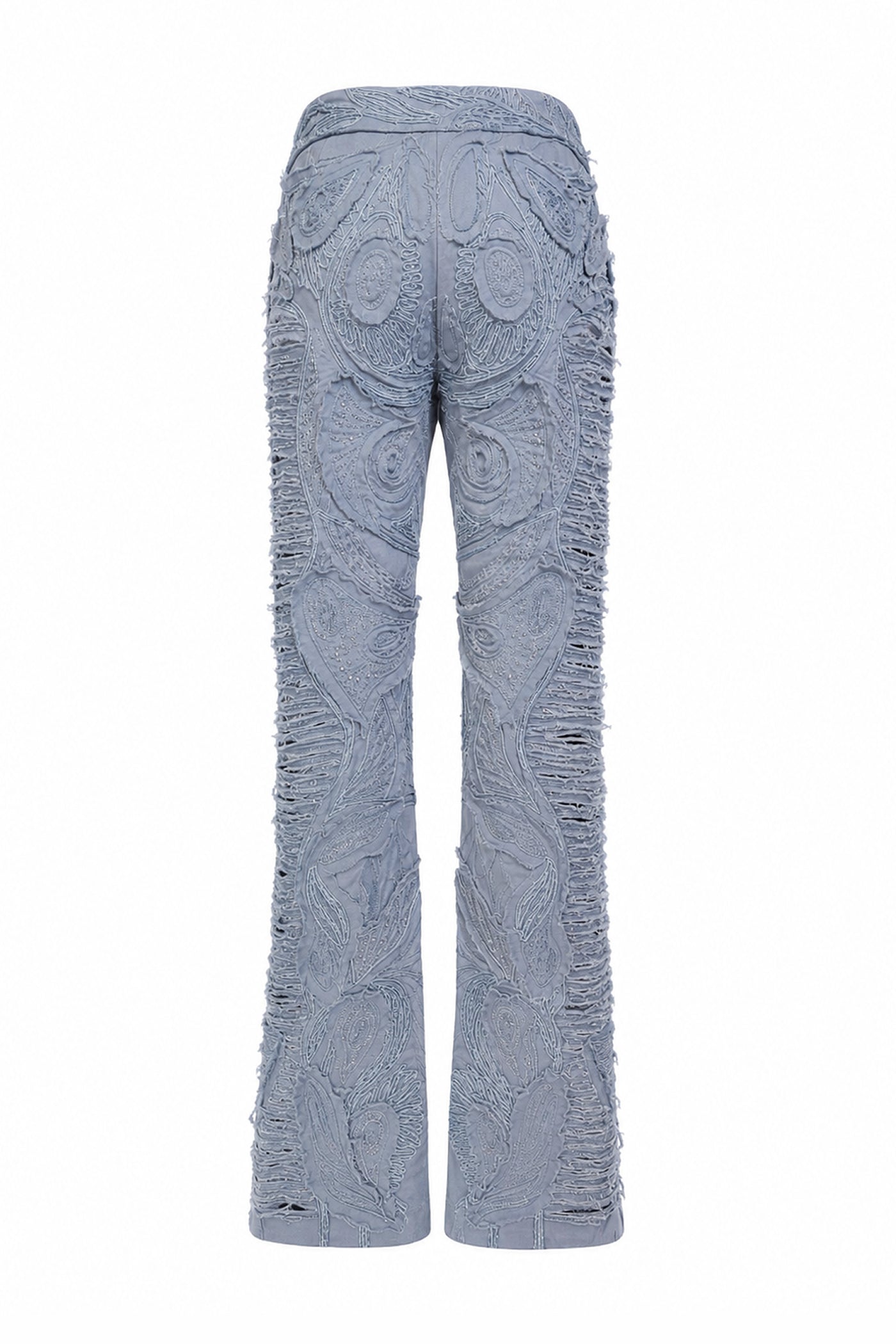 AMEN embroidered flared pants in light blue cotton canvas BACK view