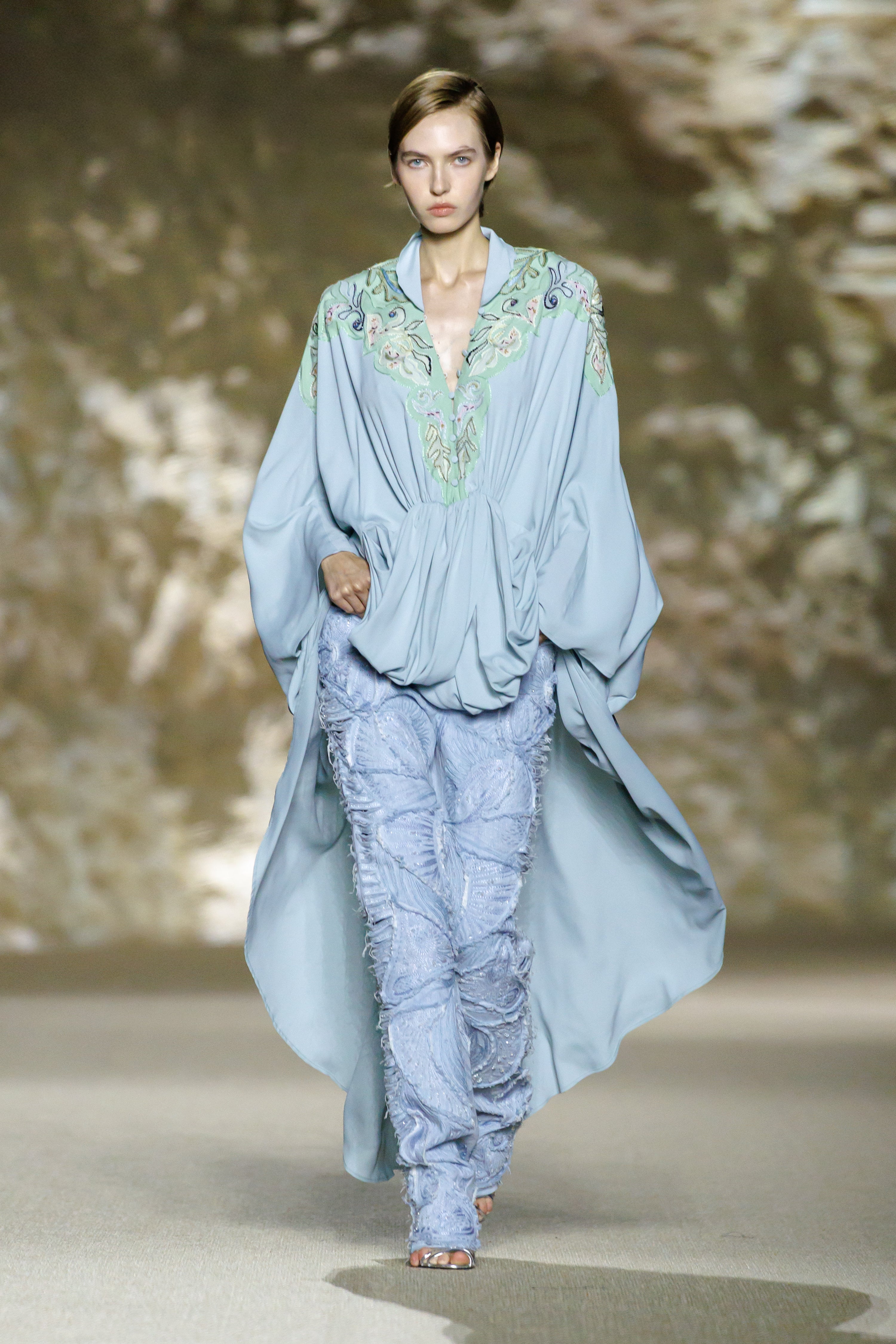 AMEN embroidered flared pants in light blue cotton canvas front view