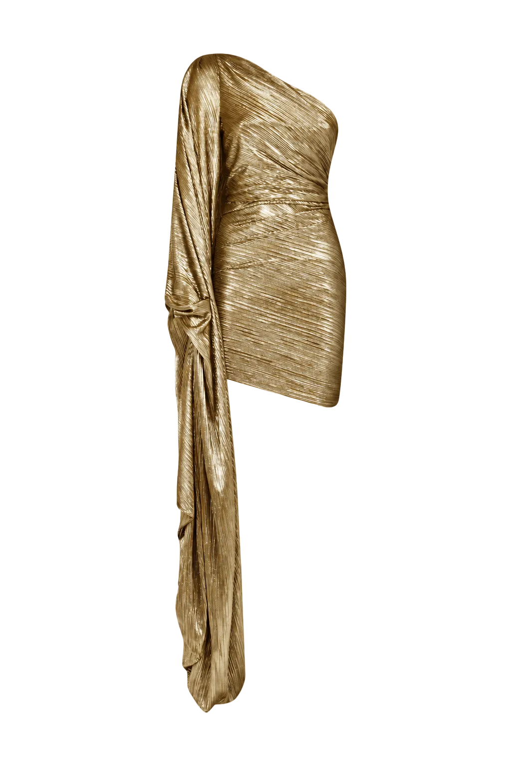 AMEN gold laminated creponne mini dress with one-shoulder neckline and long draped side panel front view