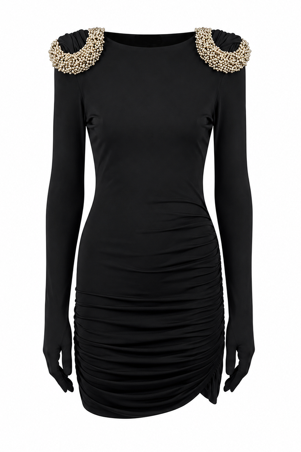 AMEN Kate fluid jersey mini dress in black with draped open back front view