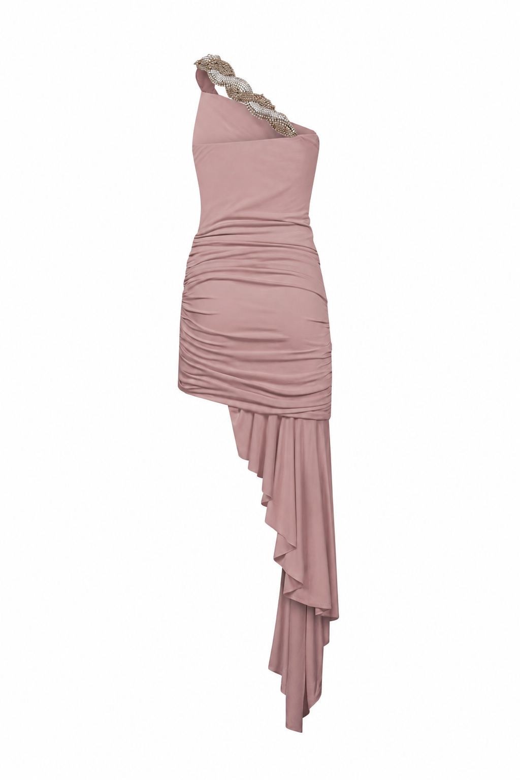 One shoulder ivory draped shiny jersey dress with crystal strap back view