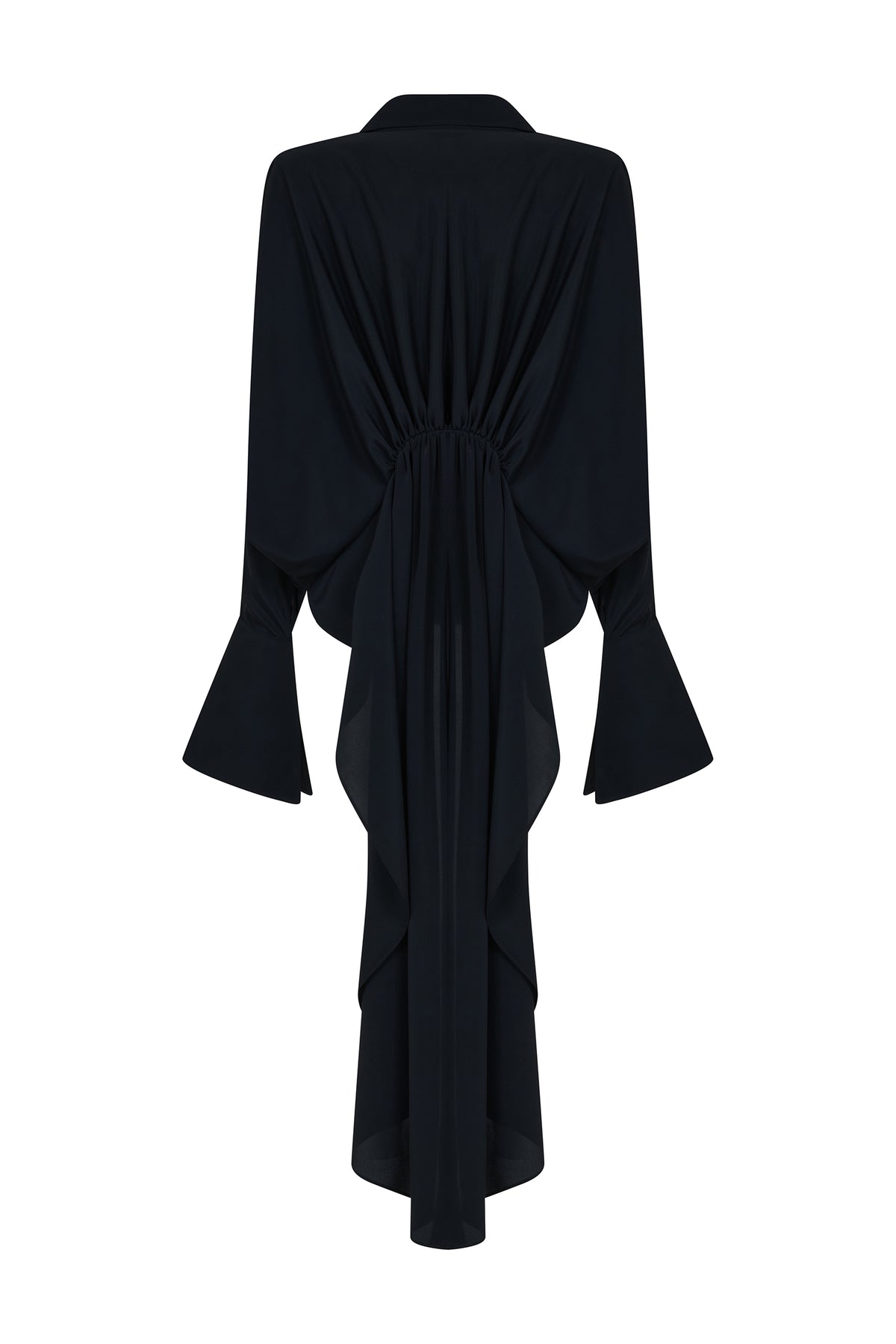 AMEN black crepe de chine shirt with draped crossover front and long gathered back drape