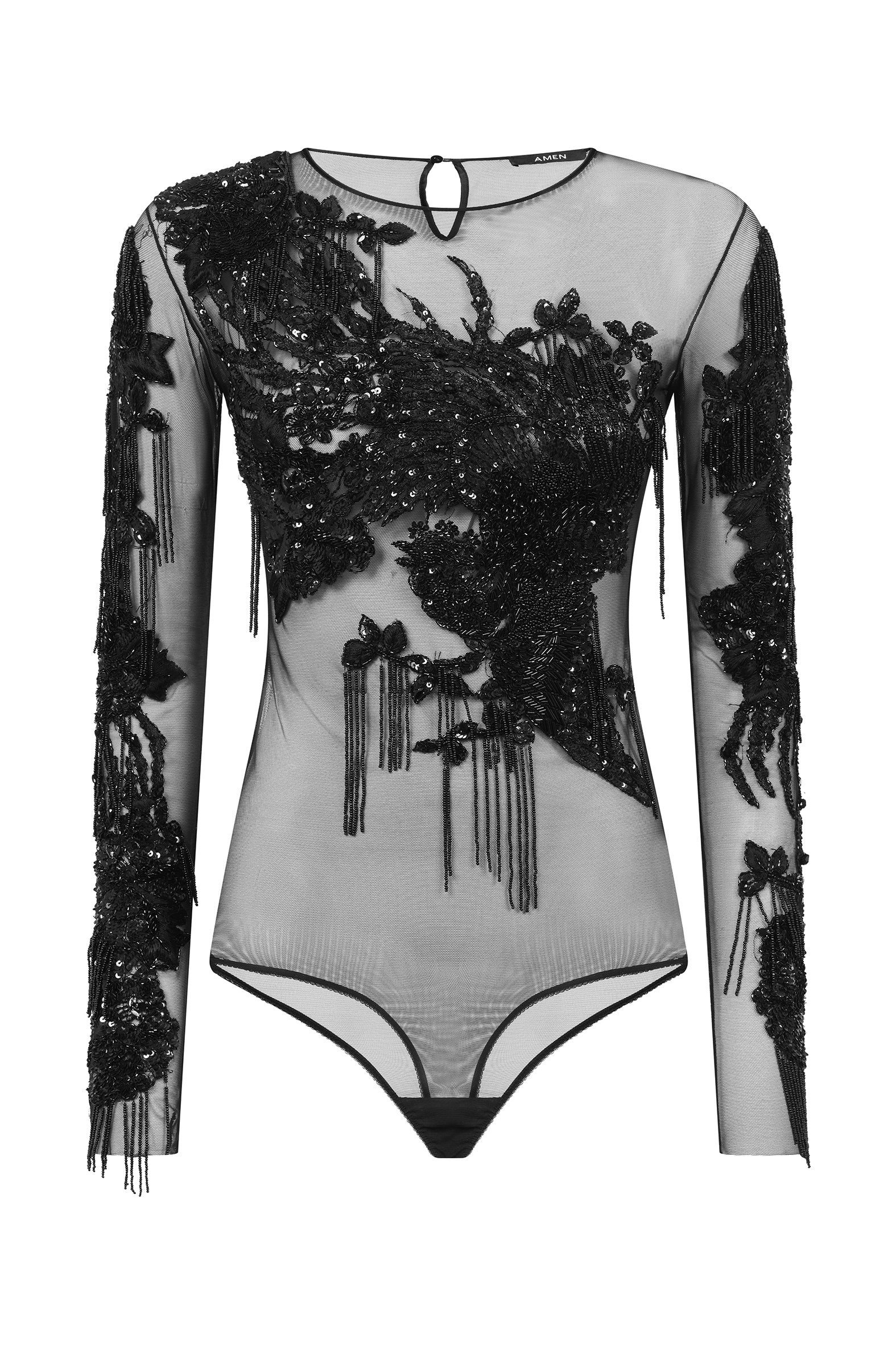 AMEN black embroidered net bodysuit with sequins and floral details – front view.
