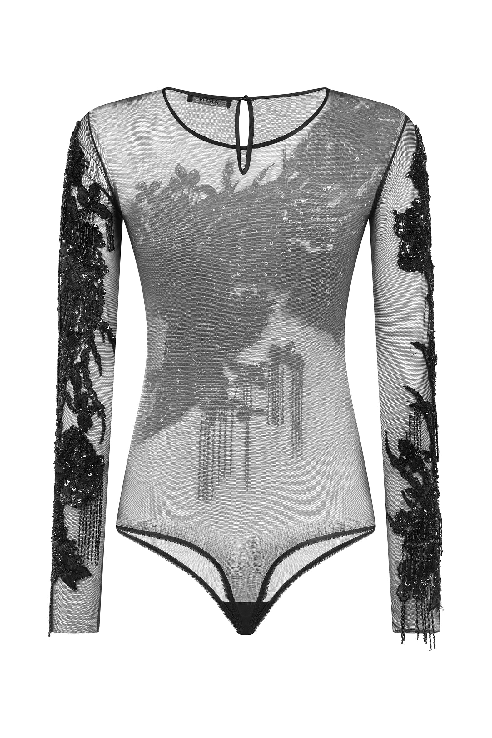 AMEN black embroidered net bodysuit with sheer back and keyhole closure – back view.