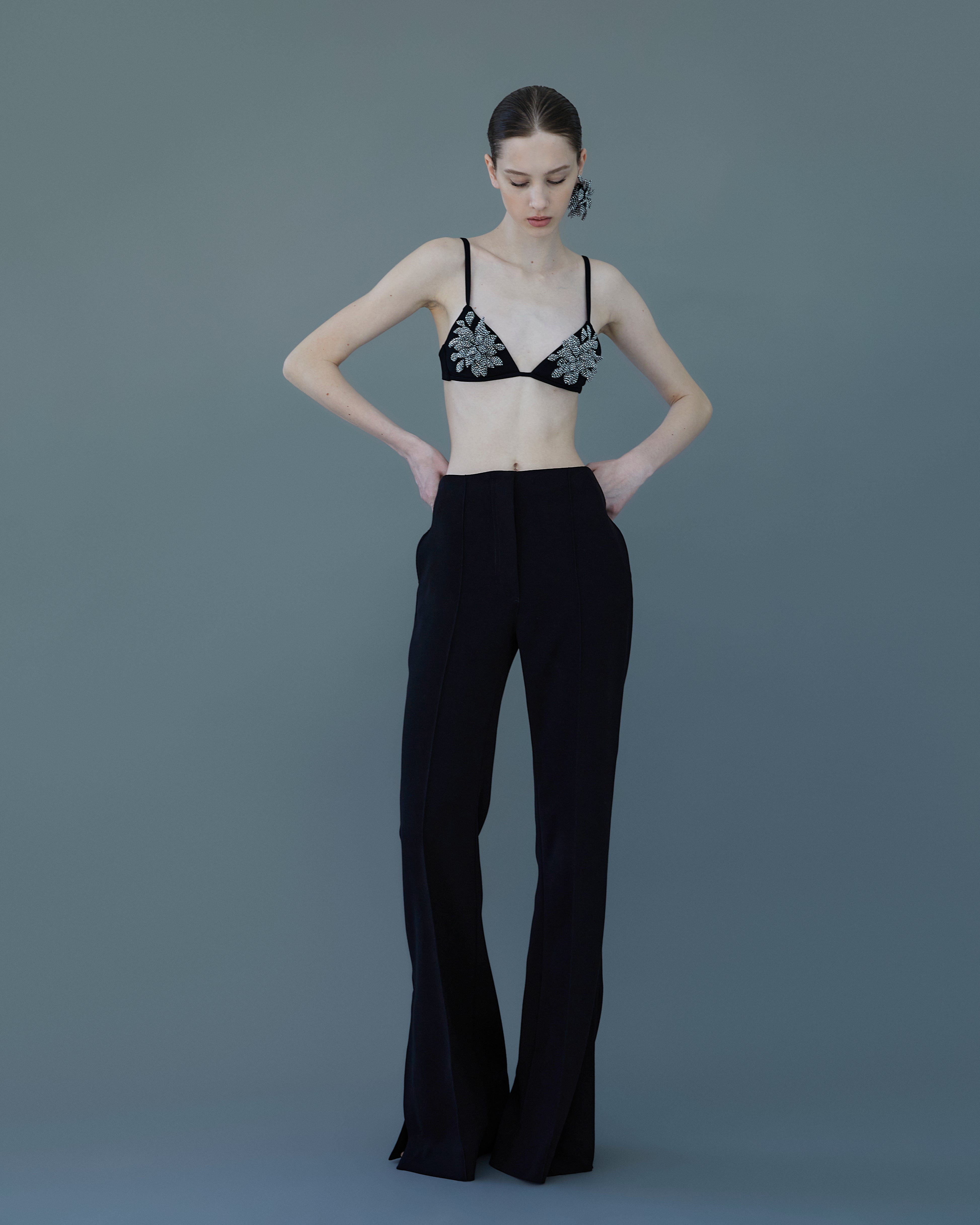 emale model wearing black crepe bra with crystal embroidery styled with high-waist black trousers.