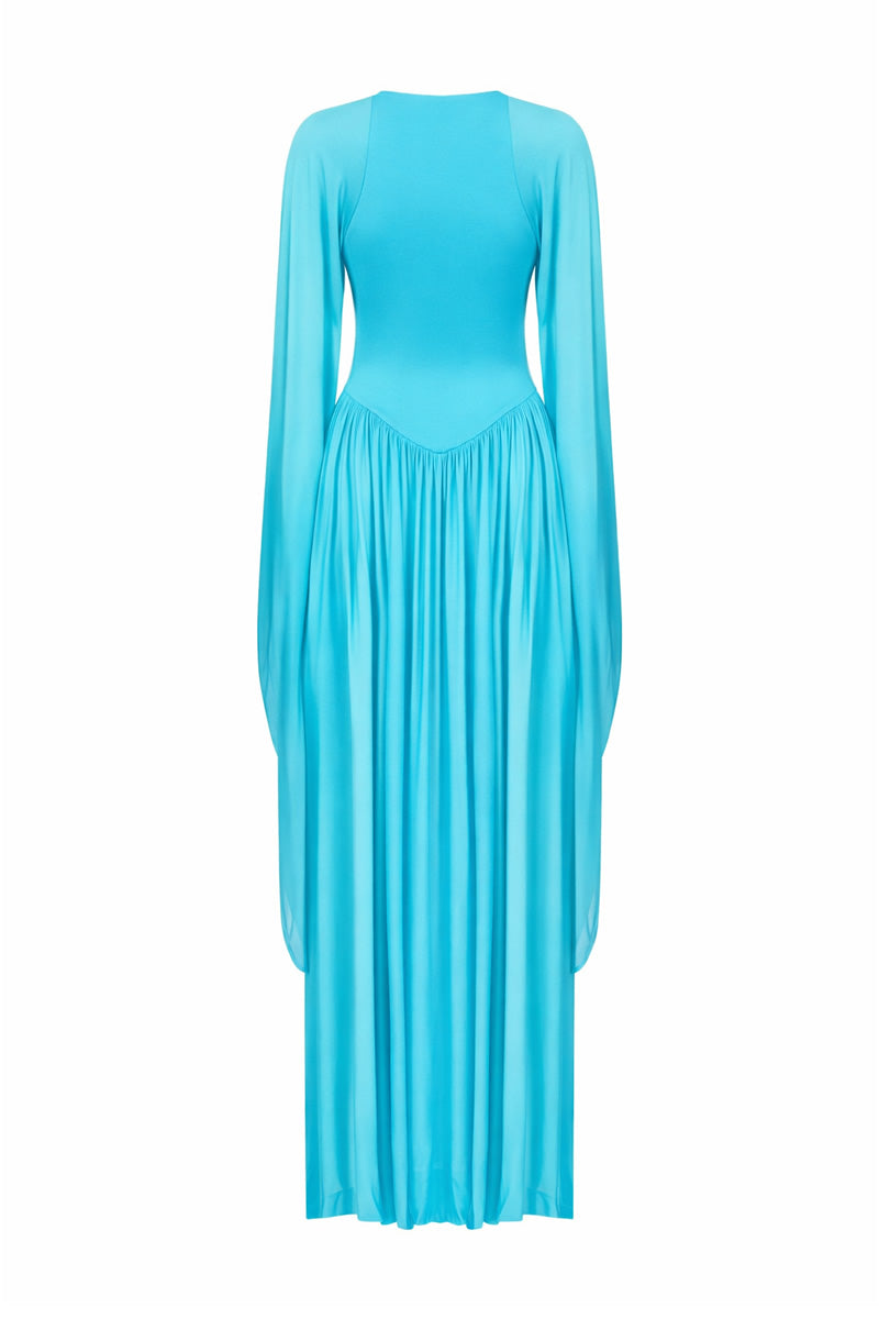 Turquoise asymmetric long jersey dress with draped silhouette back view