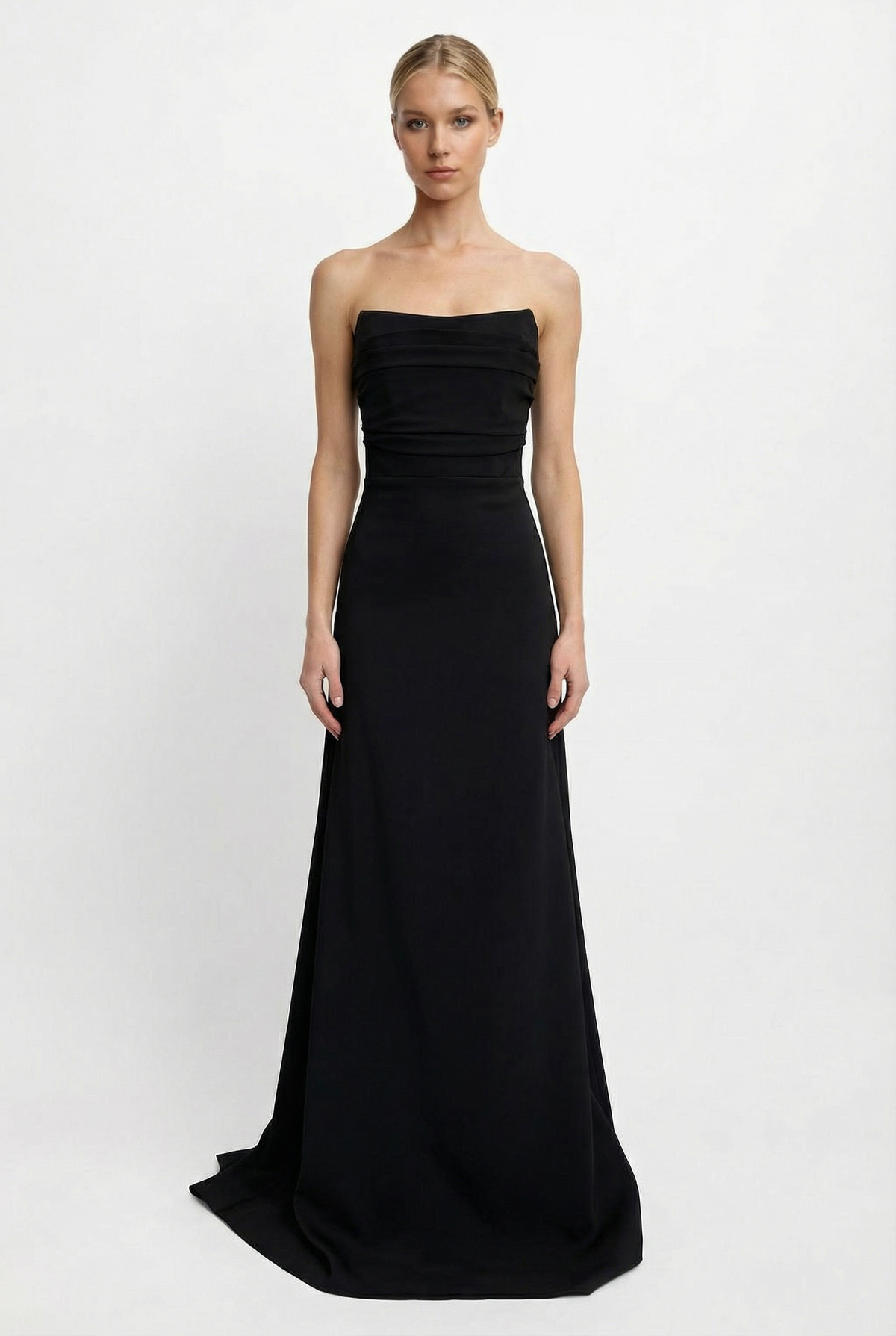 AMEN black bustier crepe and satin long dress with strapless neckline and fitted bodice front view