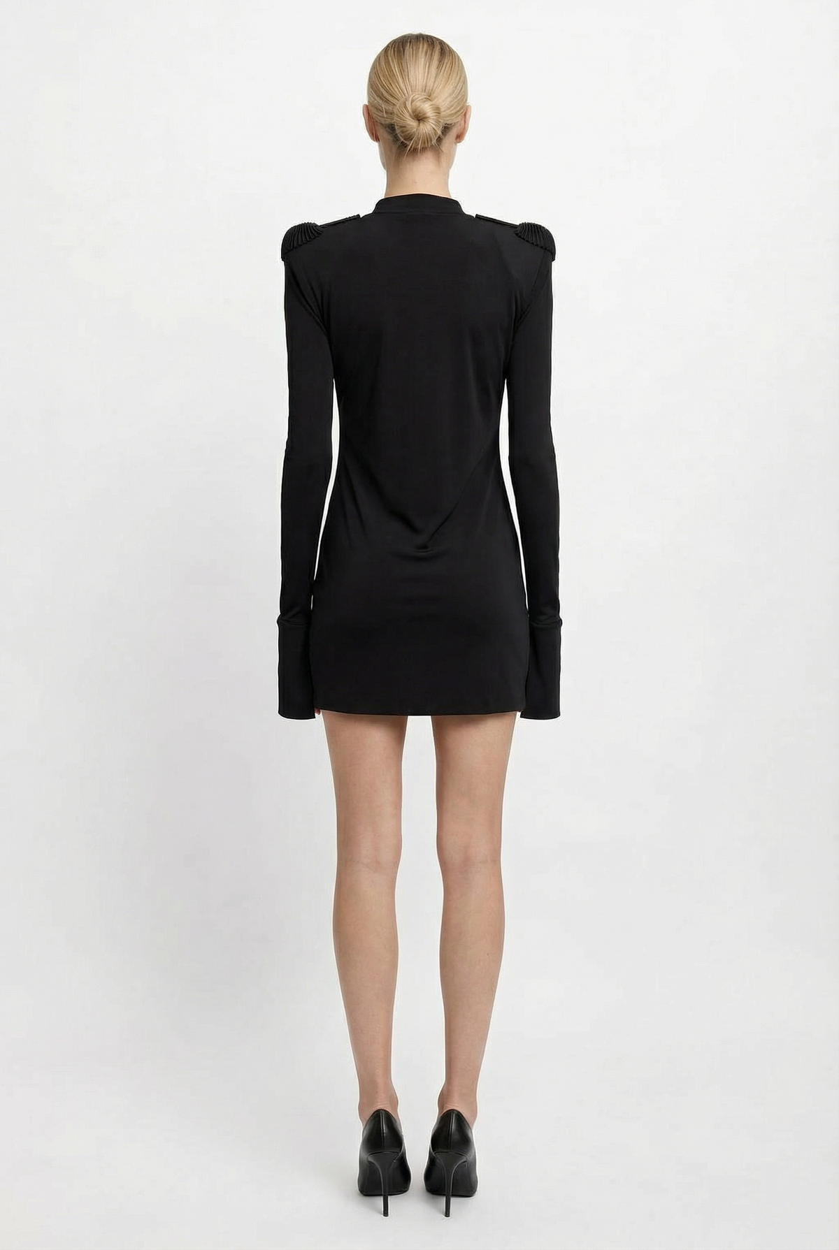 AMEN black light fluid jersey mini dress with structured shoulders, long sleeves and clean draped back view