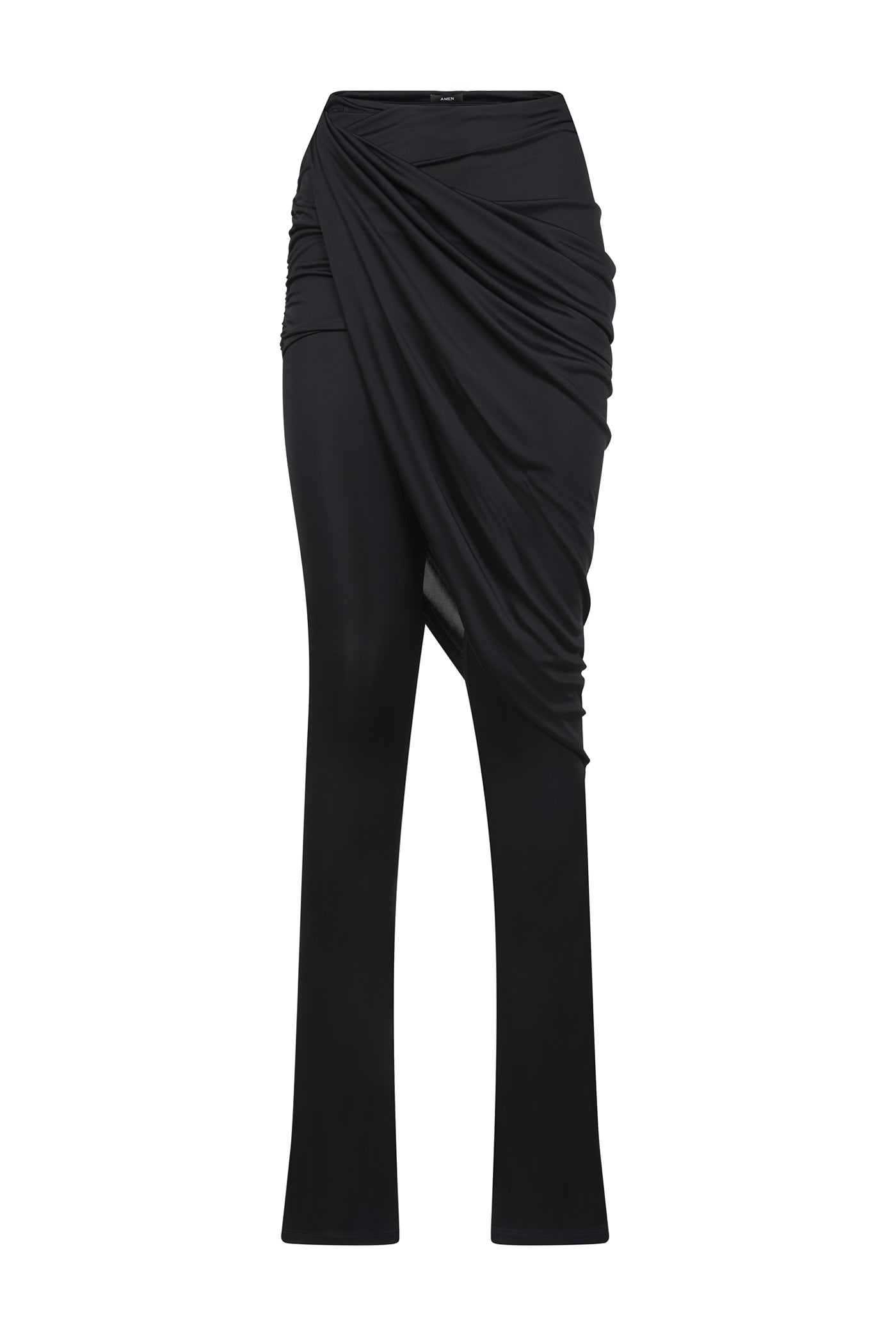 AMEN draped pants in shiny fluid jersey with asymmetric overlay panel