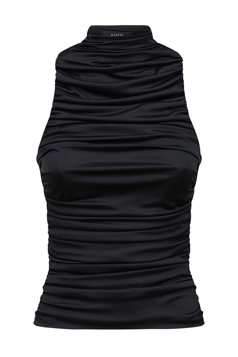 AMEN draped shiny jersey sleeveless black top front
