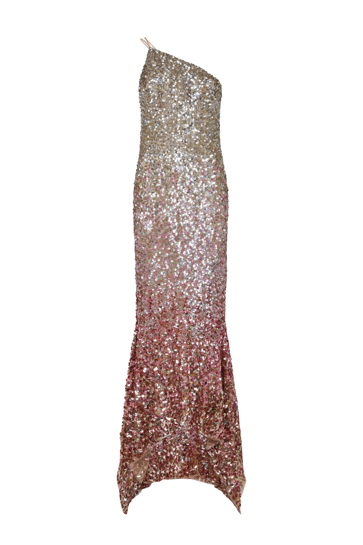AMEN one-shoulder long dress in gold and rose sequin net