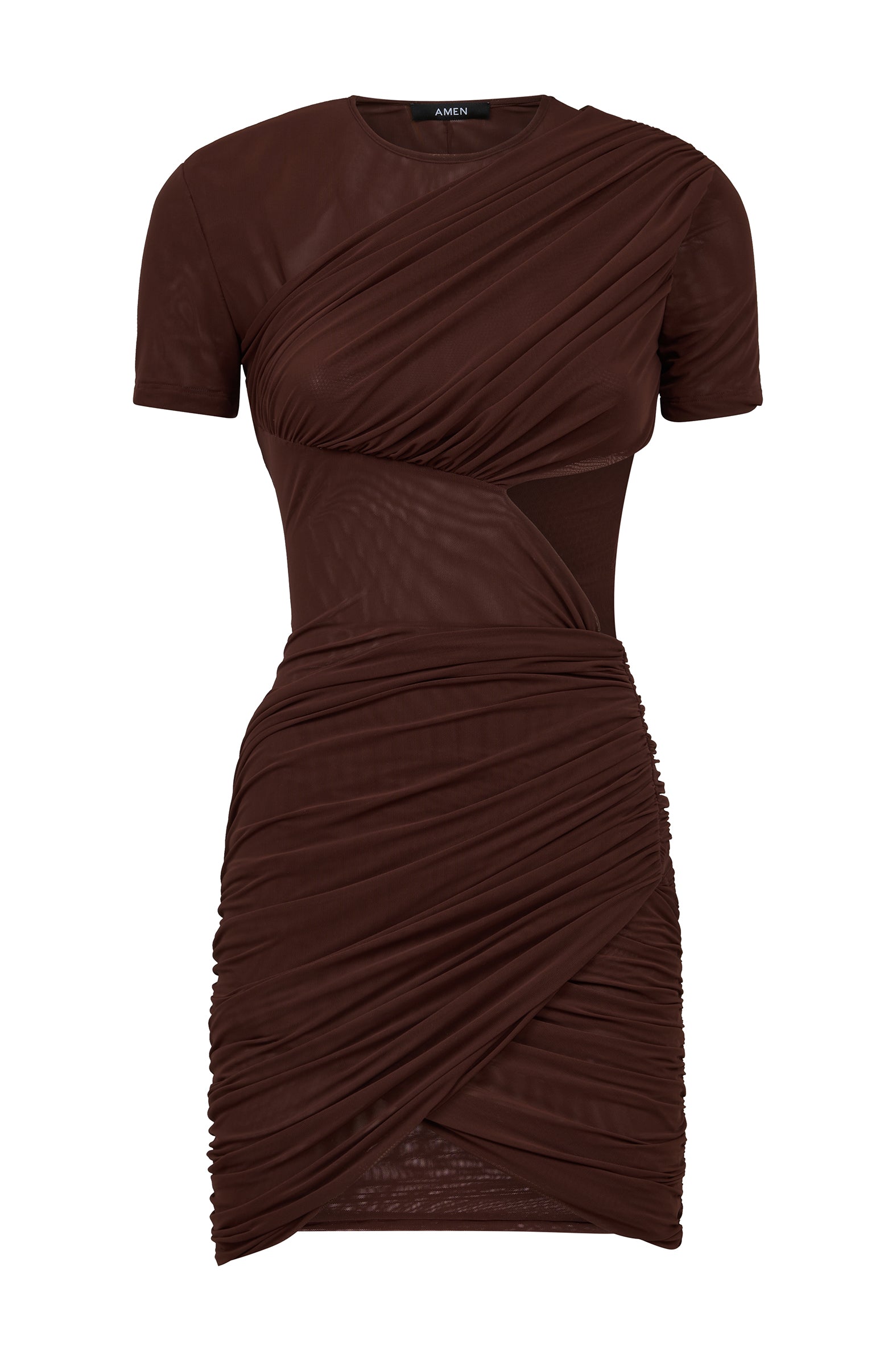 AMEN stretch net draped mini dress front view
