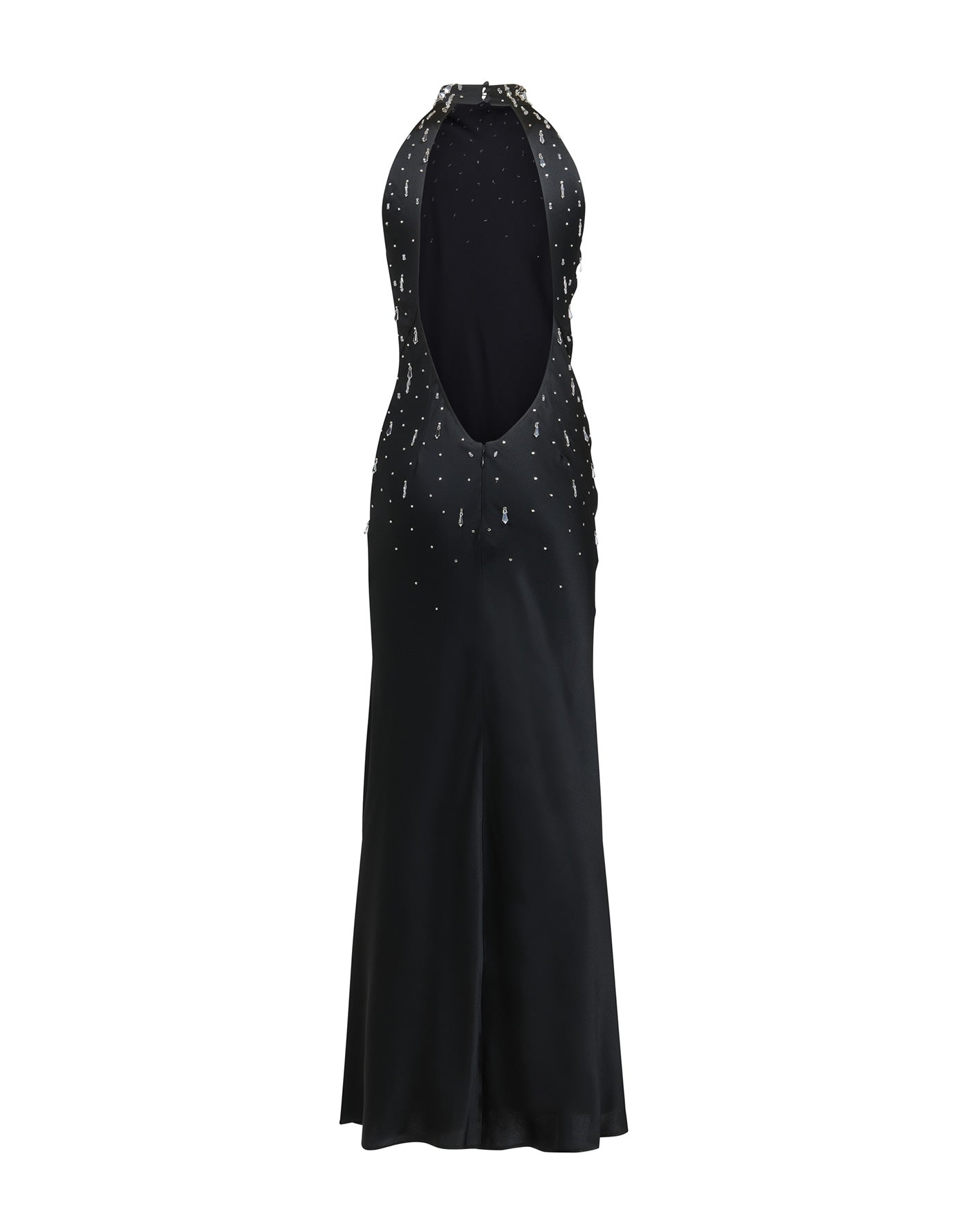 Elegant embroidered satin dress showcasing intricate detailing and luxurious fabric.