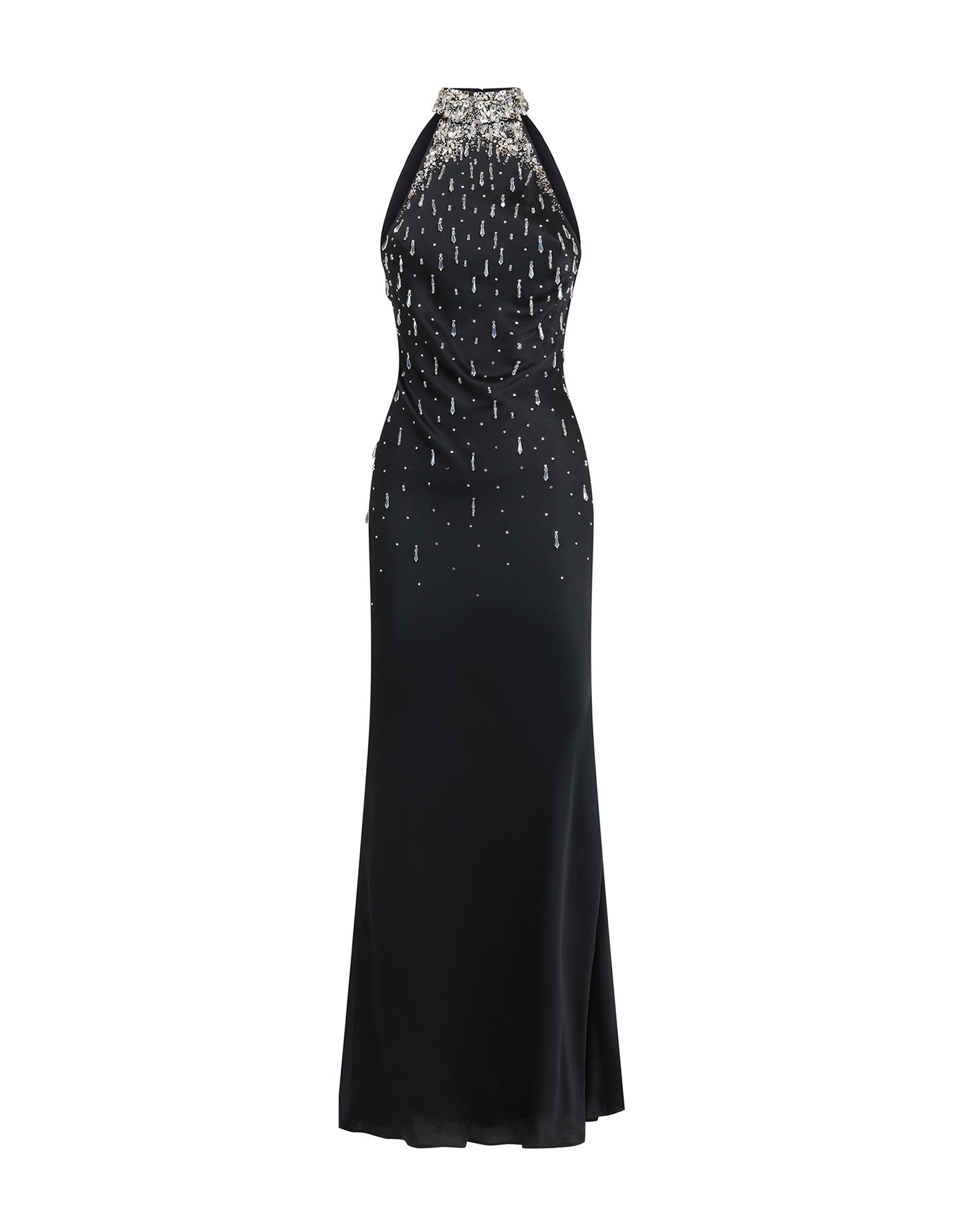 Elegant embroidered satin dress showcasing intricate detailing and luxurious fabric.