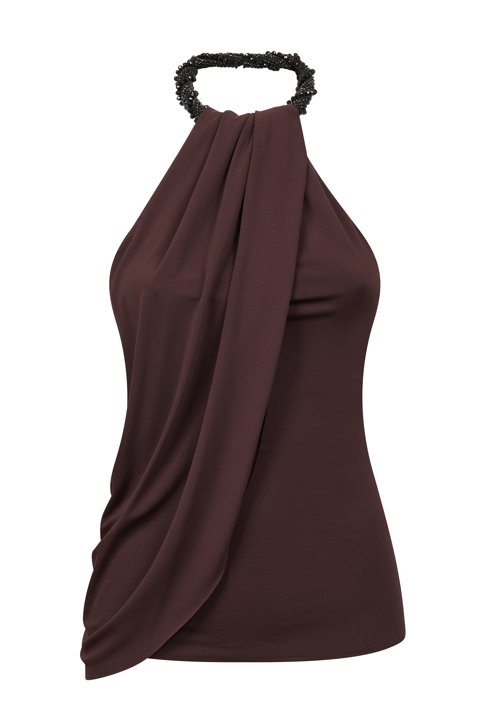 Elegant brown draped halter top with embellished neckline and asymmetric fluid design, front view.