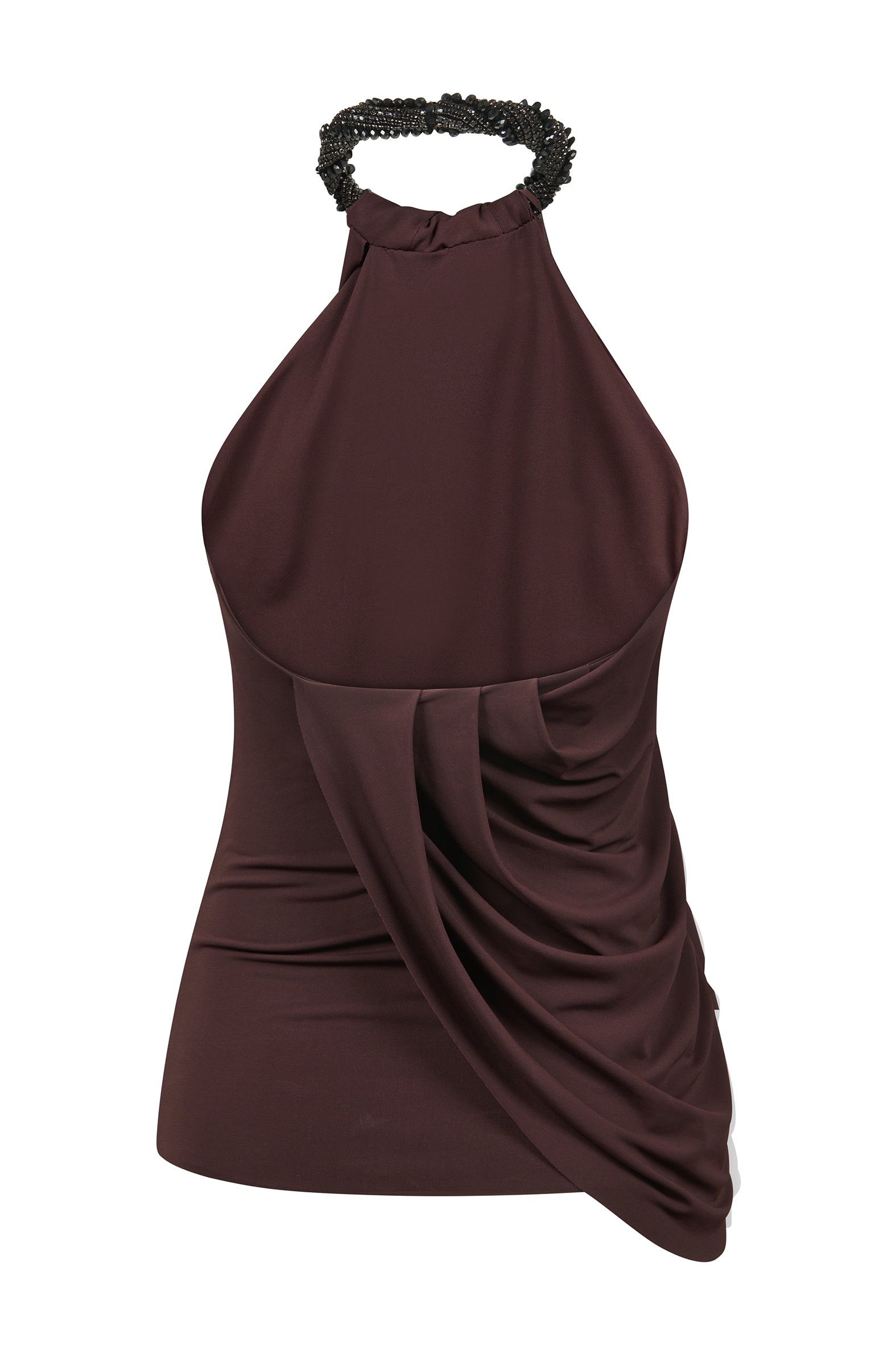 Brown halter top with torchon neckline and draped detailing, slim fit silhouette, back view.