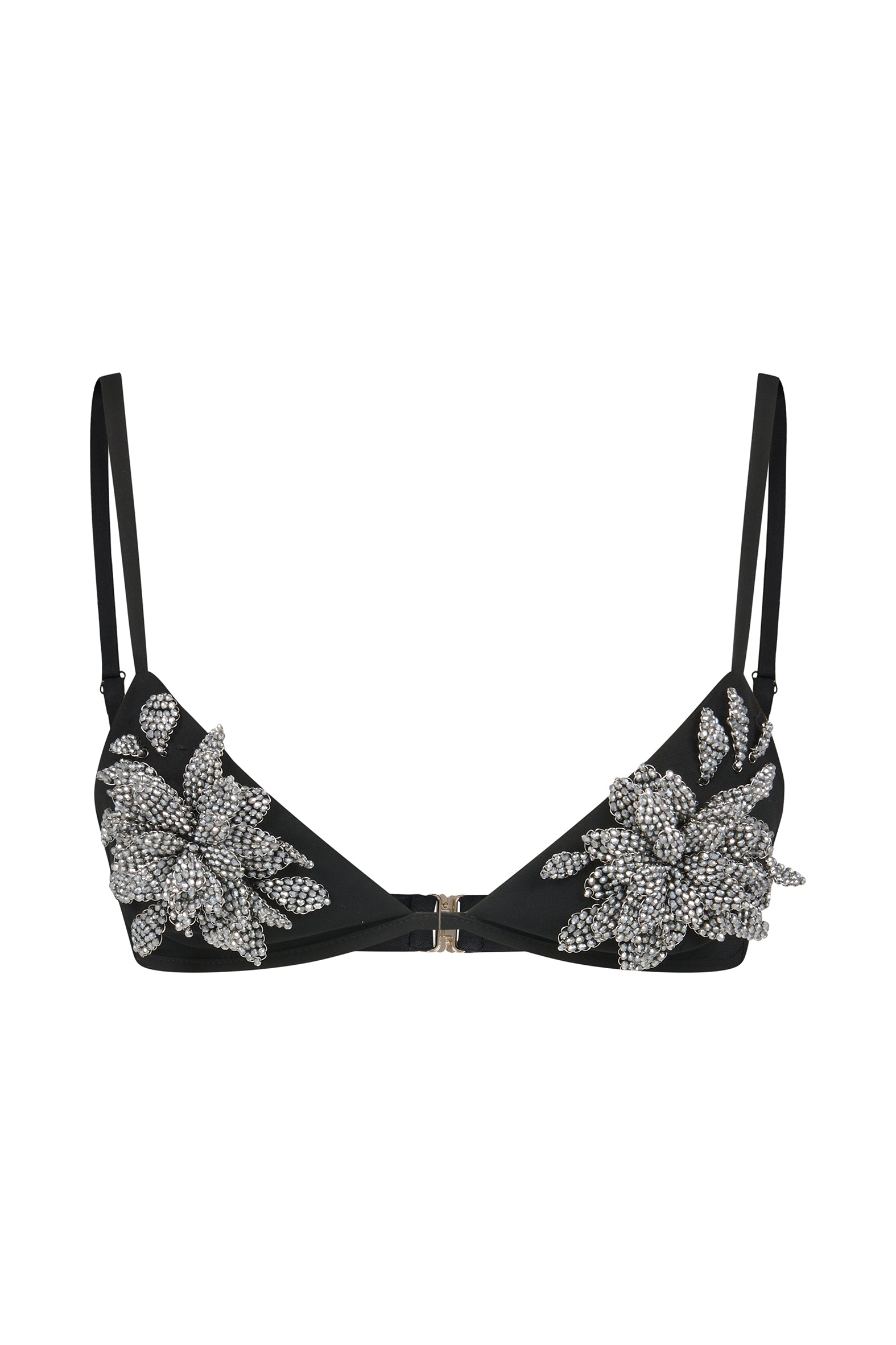 Black crepe bra with silver crystal floral embroidery and front clasp, front view.