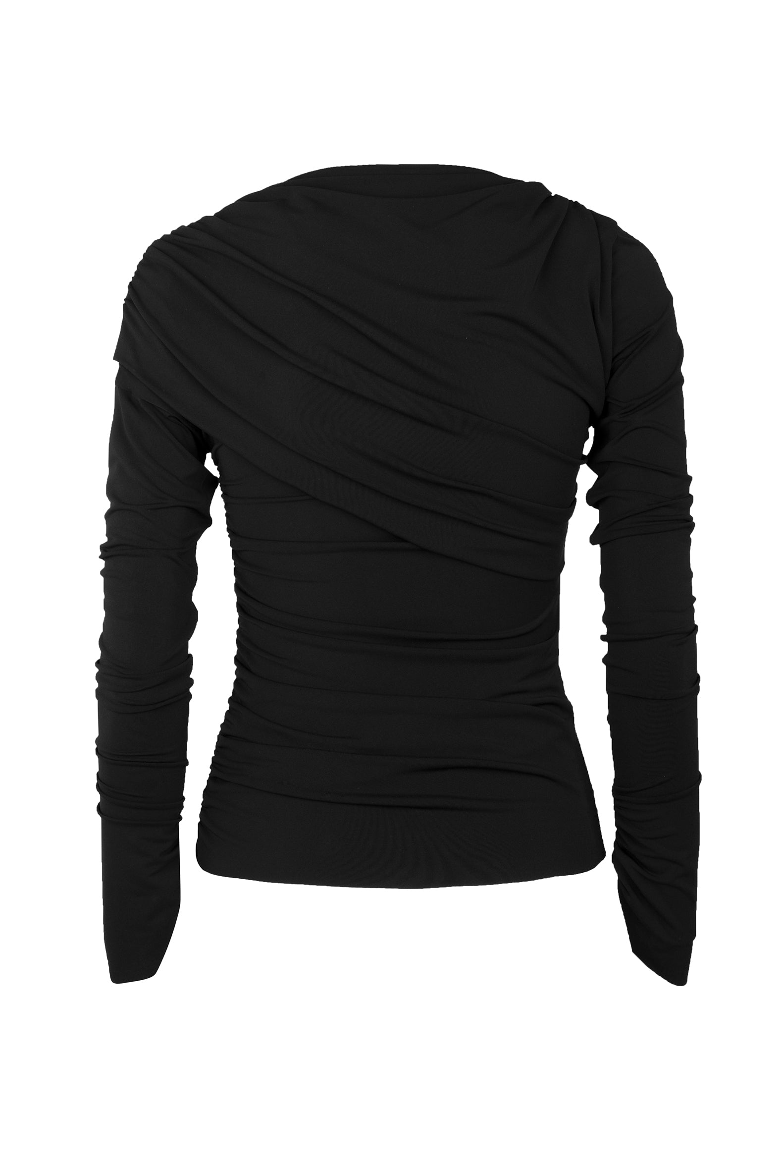 Black draped fluid jersey top with diagonal draping and slim fit – back view.
