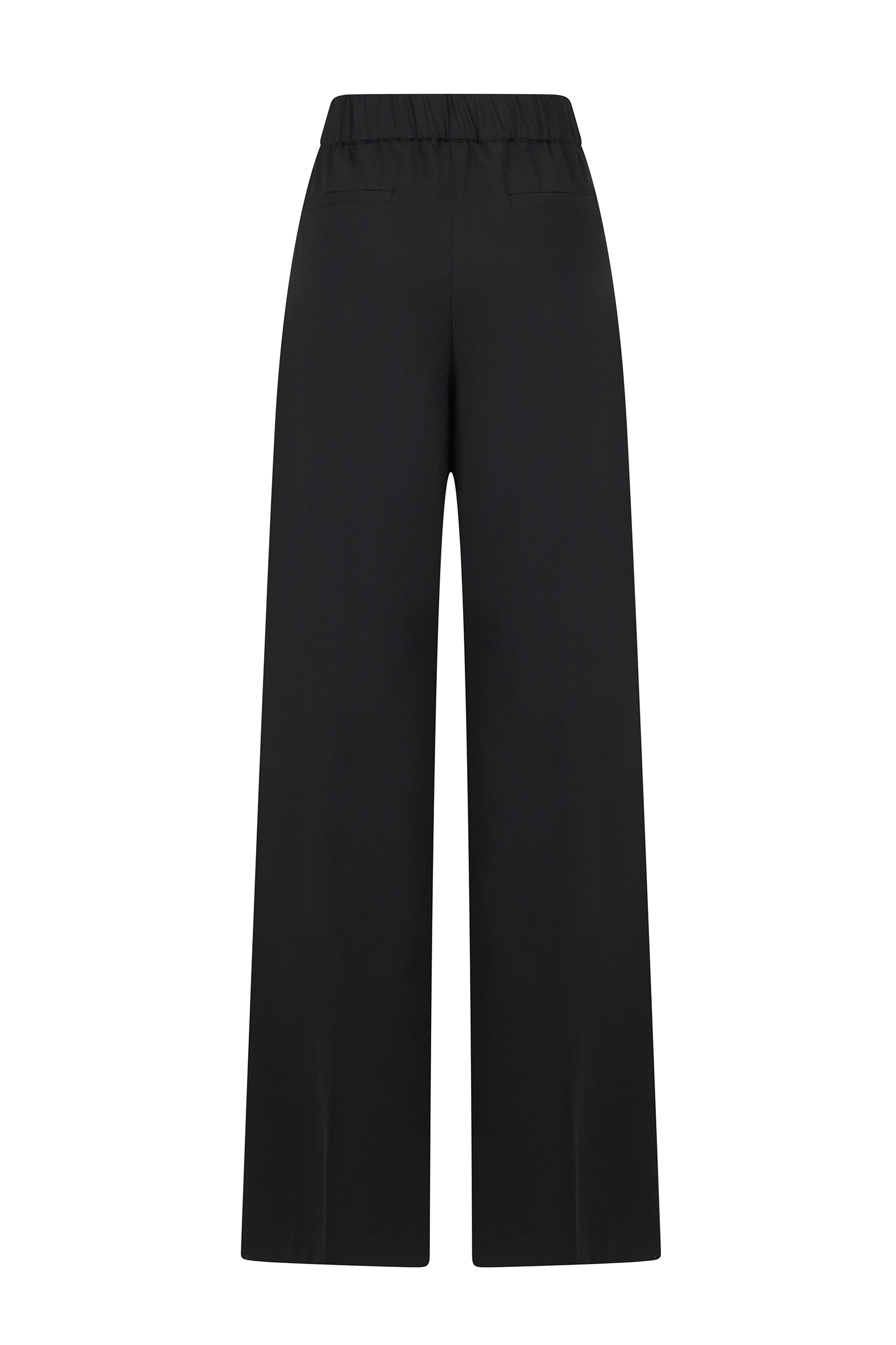 Black wool gabardine wide-leg pants with pleats and button closure, front view.
