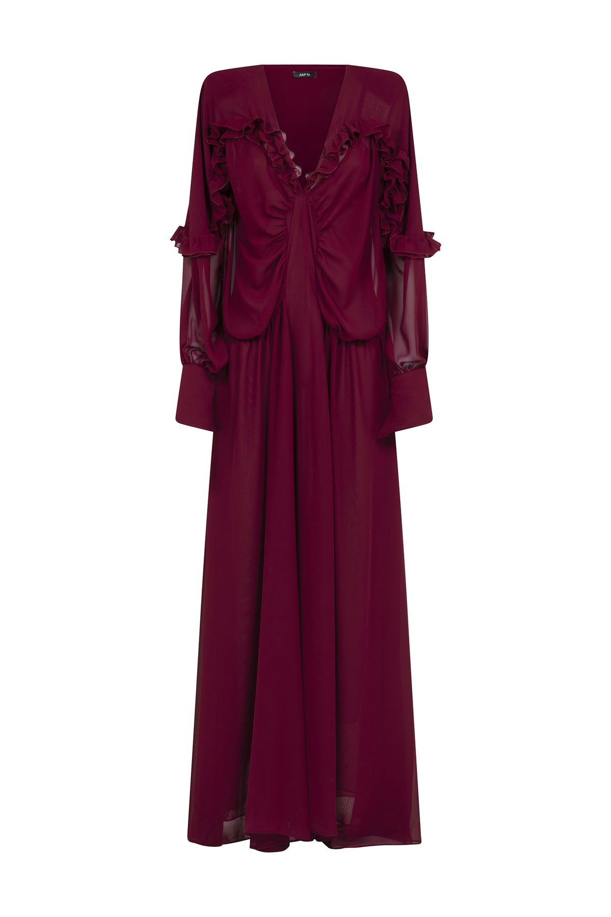 AMEN burgundy chiffon long dress with deep V neckline, ruffle detailing, semi-sheer sleeves and high front slit front view