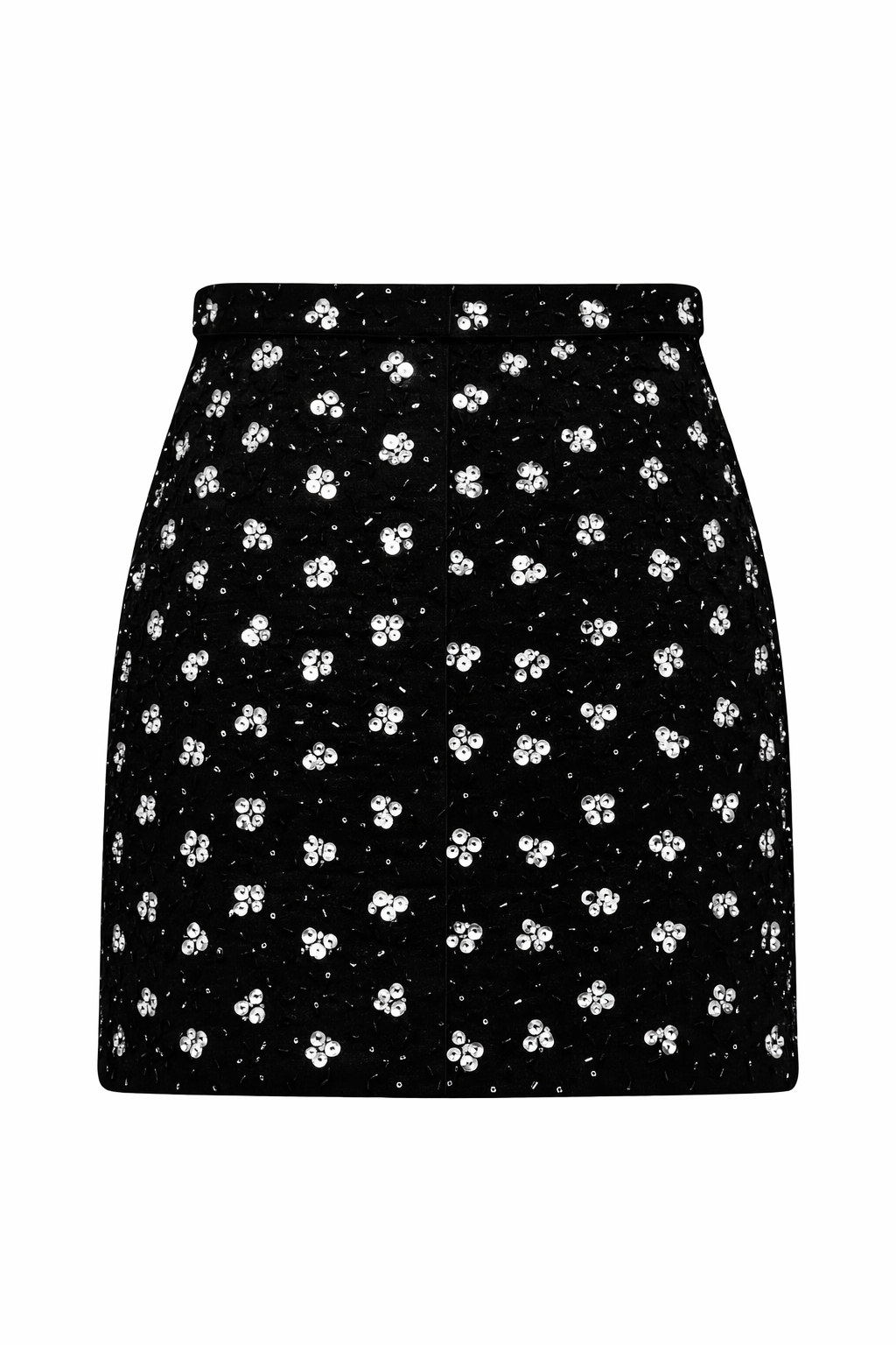 Back view of embroidered tweed mini skirt with slim fit by AMEN.