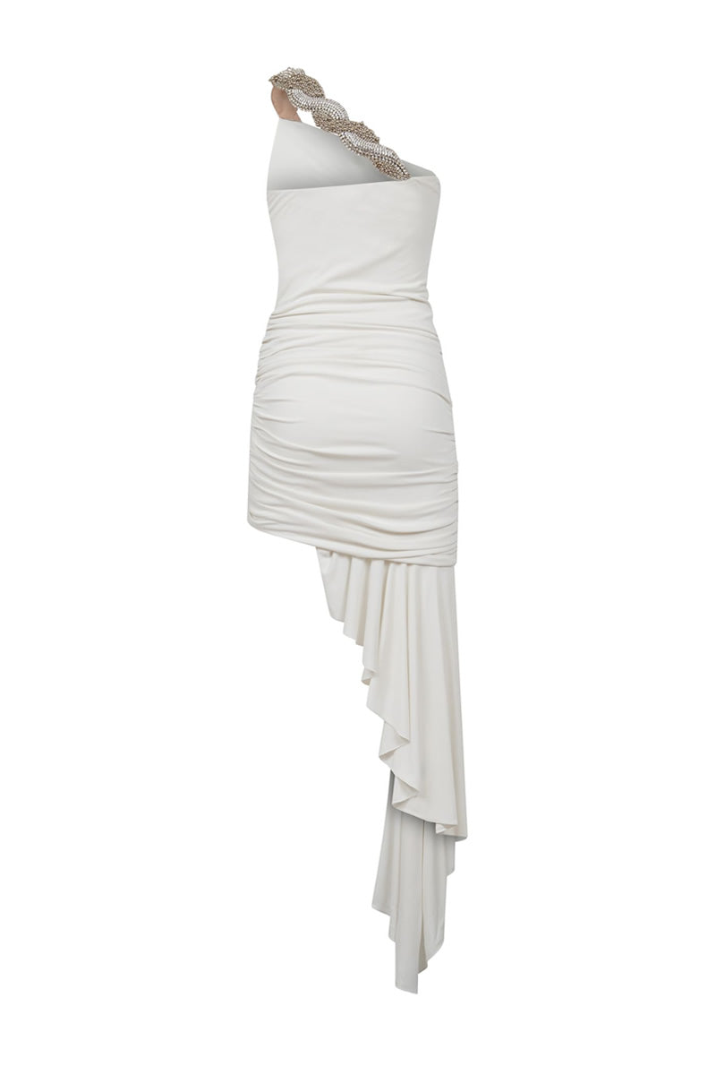 One shoulder ivory draped shiny jersey dress with asymmetric hem back view