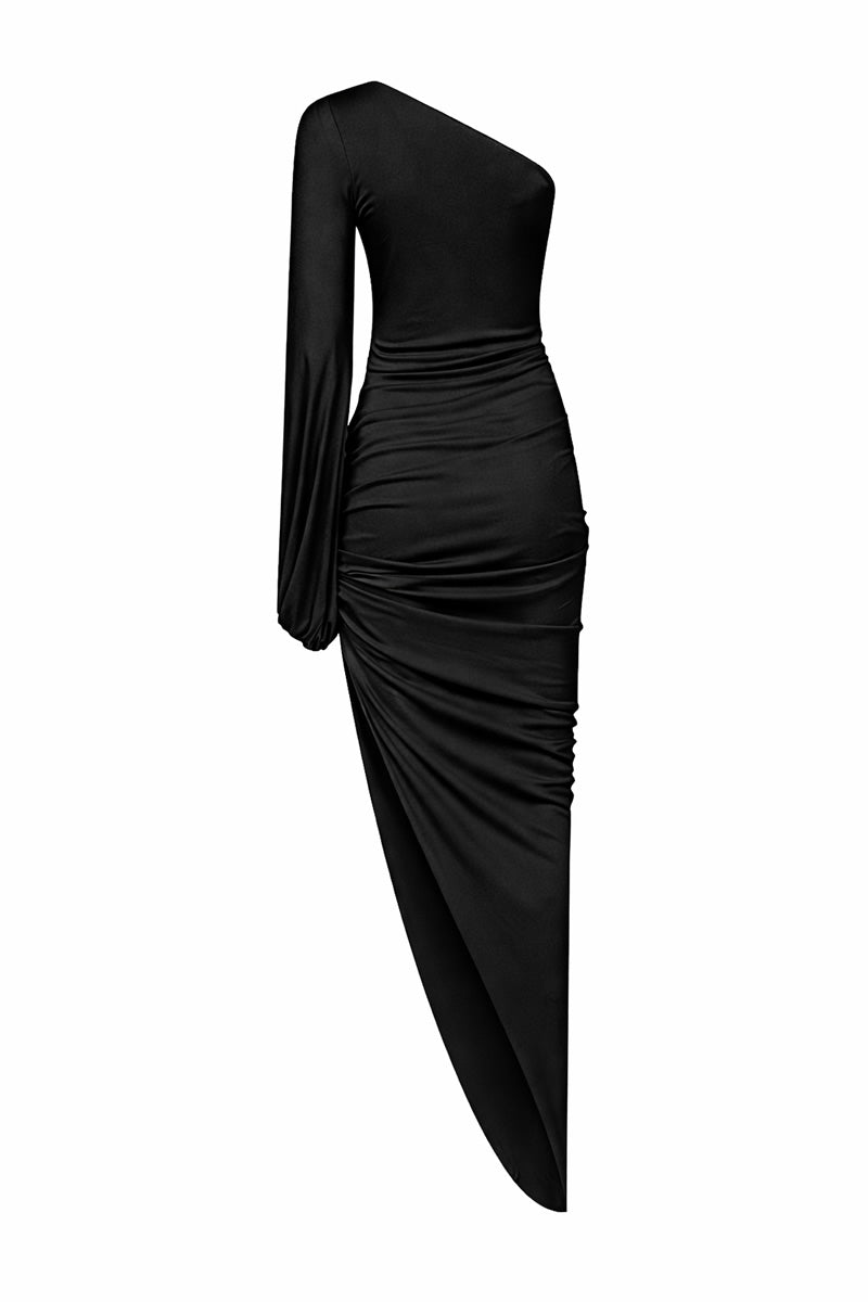 Turquoise asymmetric long jersey dress with draped silhouette back view
