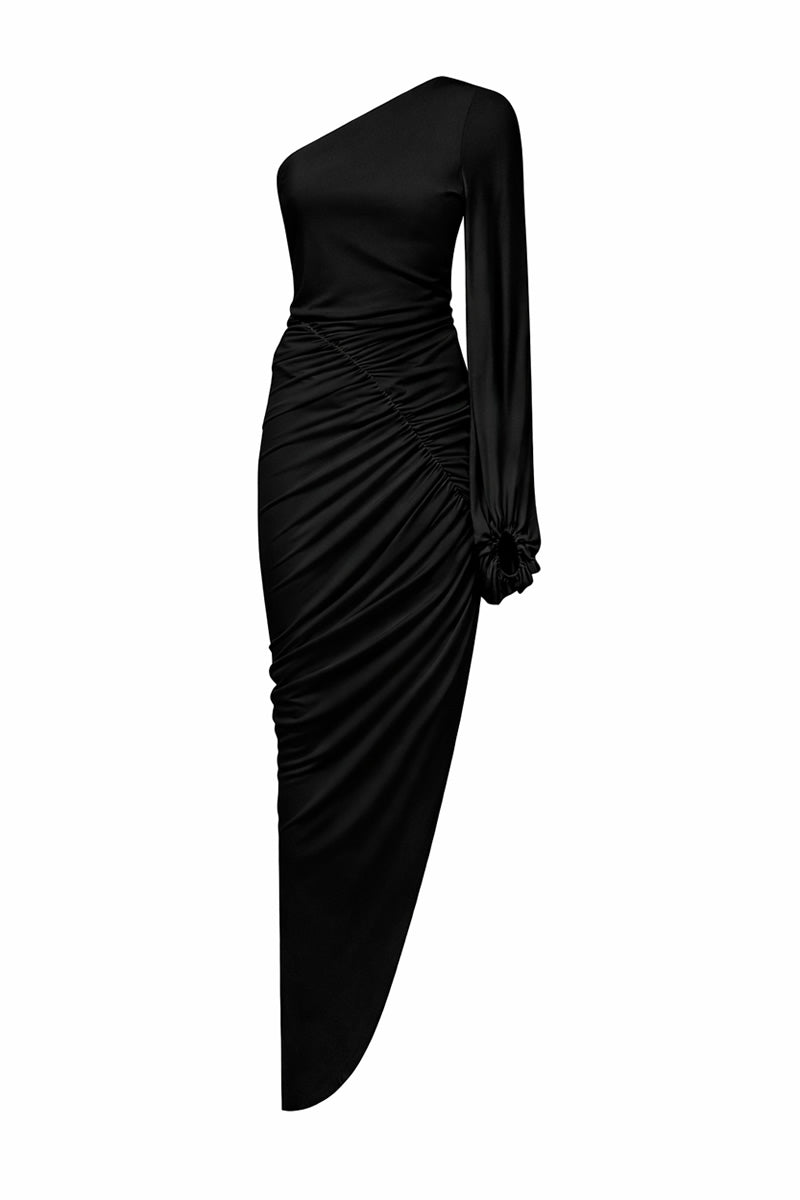 one shoulder black jersey dress Draped One-Shoulder Quinceanera dress Emerald Green