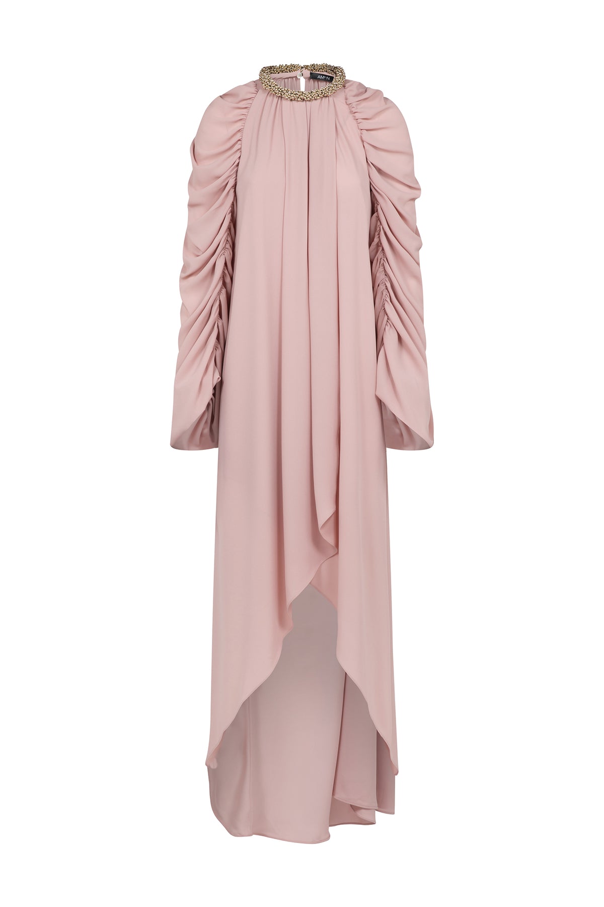 AMEN blush georgette long dress with beaded collar, ruched sleeves and asymmetric front draping front view