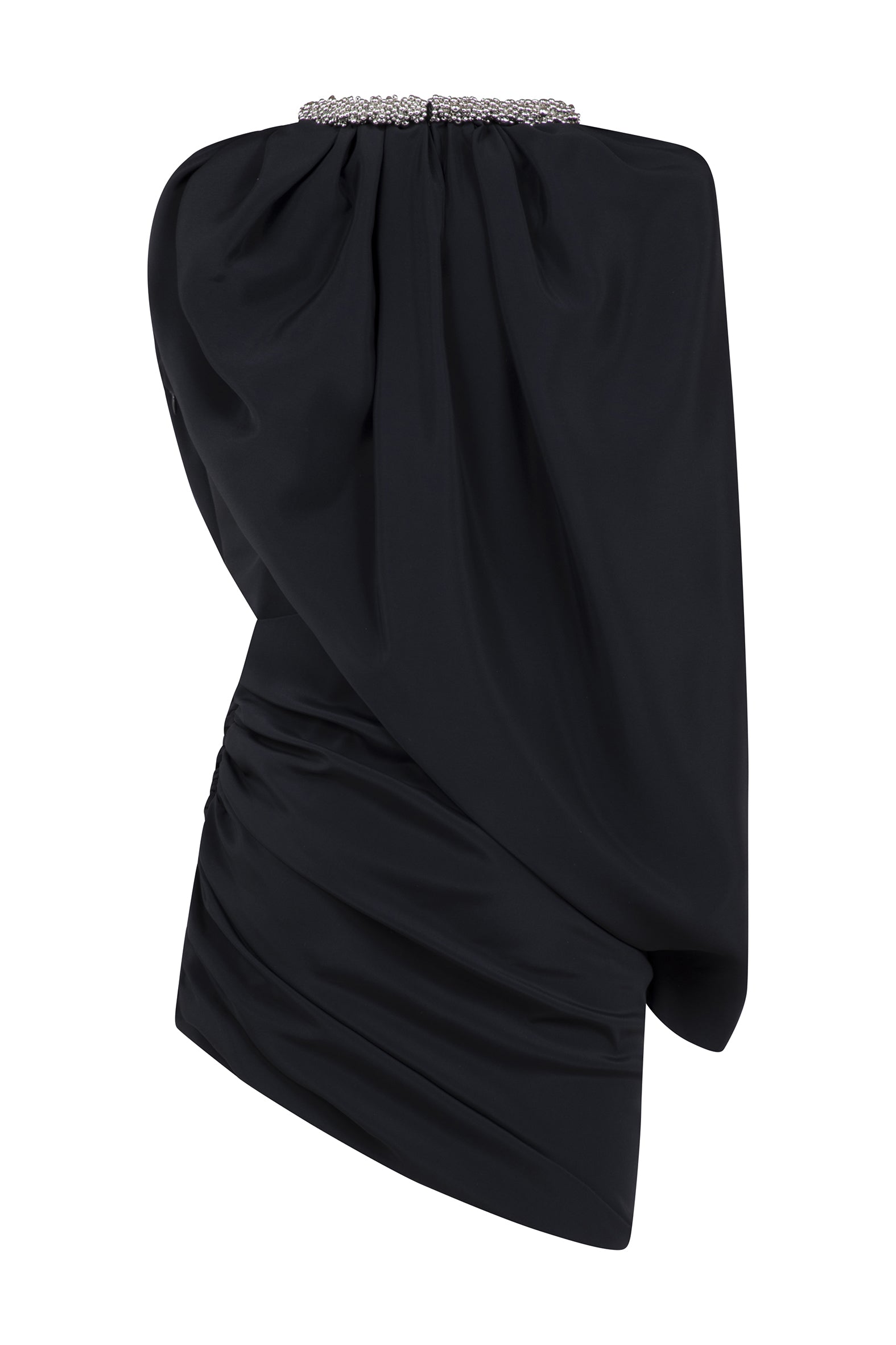 AMEN black crêpe de chine mini dress with beaded neckline and cascading asymmetric drape back view