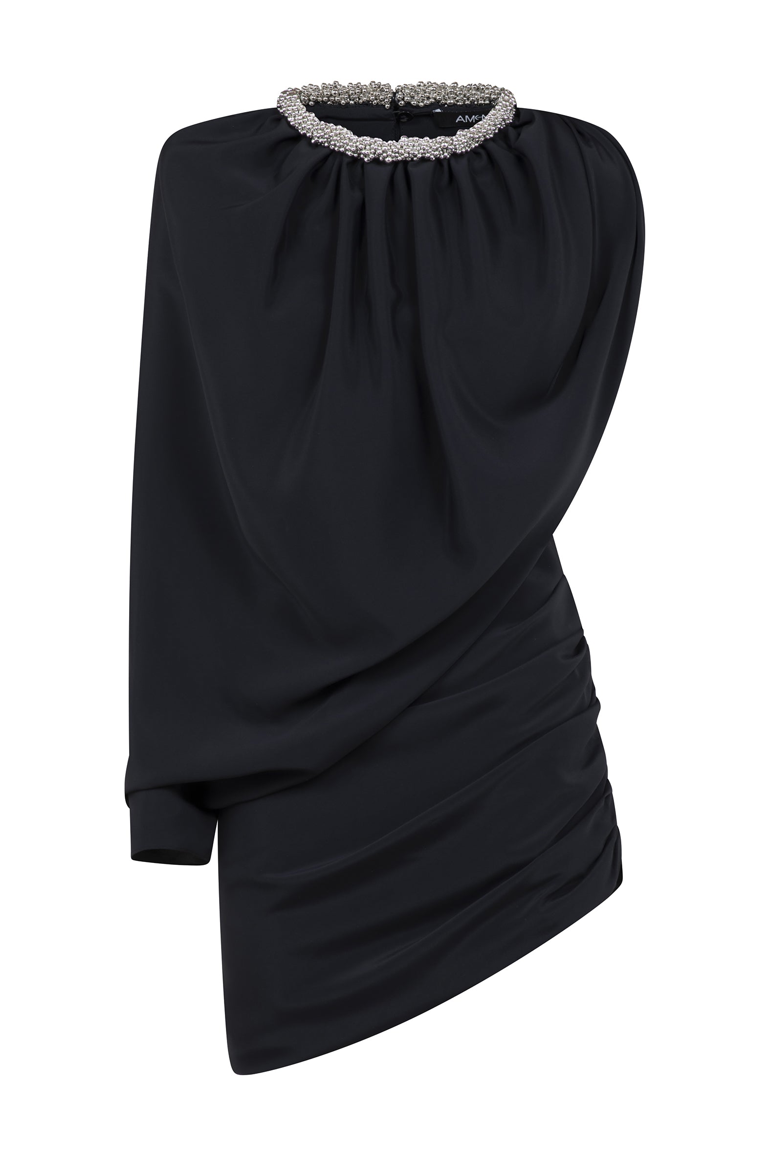AMEN black crêpe de chine mini dress with beaded neckline and cascading asymmetric drape back view