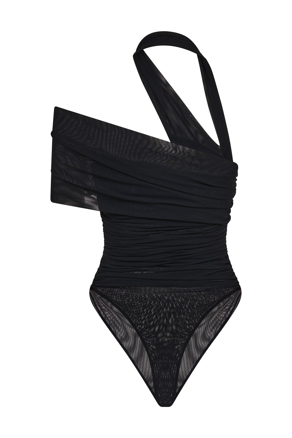 CAMEN black stretch net bodysuit with asymmetric wrapped draping and sheer fitted construction back view