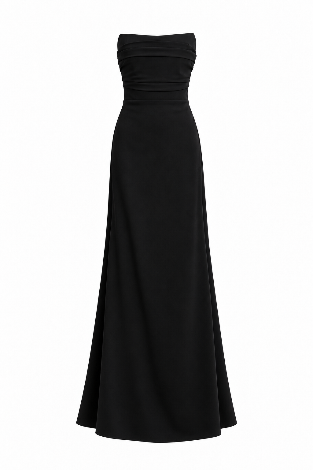 AMEN black bustier crepe and satin long dress with strapless neckline and fitted bodice front view