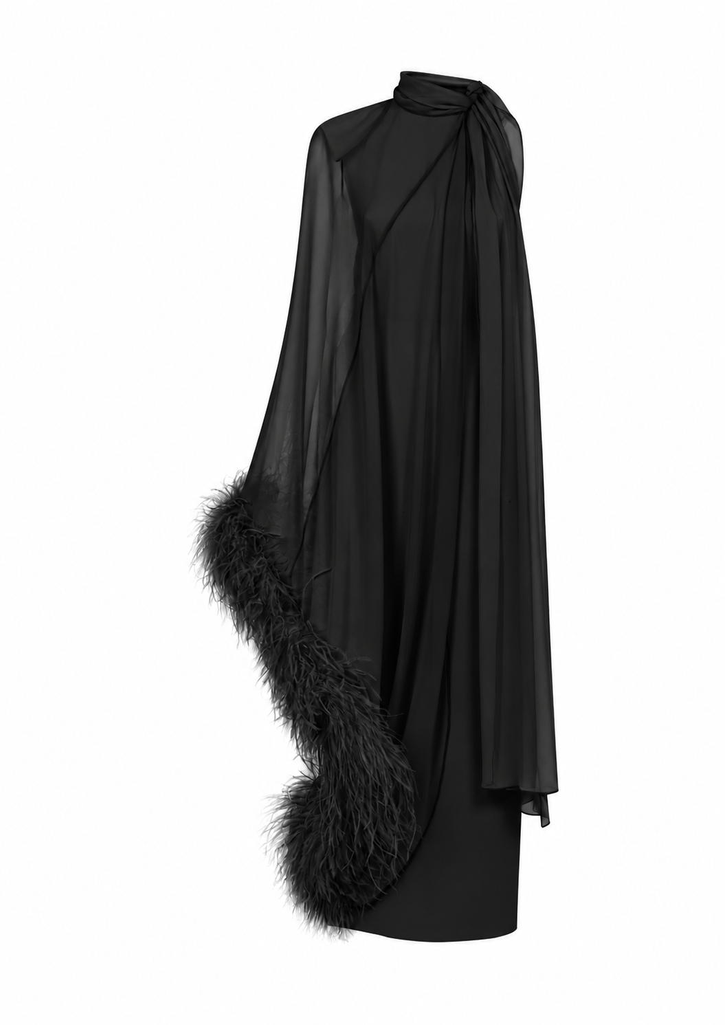 AMEN black chiffon and georgette long dress with asymmetric cape and ostrich feather trim front view
