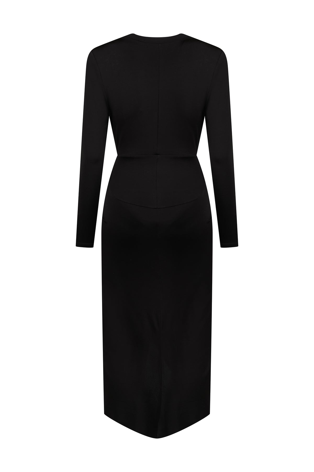AMEN black fluid jersey midi dress with long sleeves and clean fitted back view