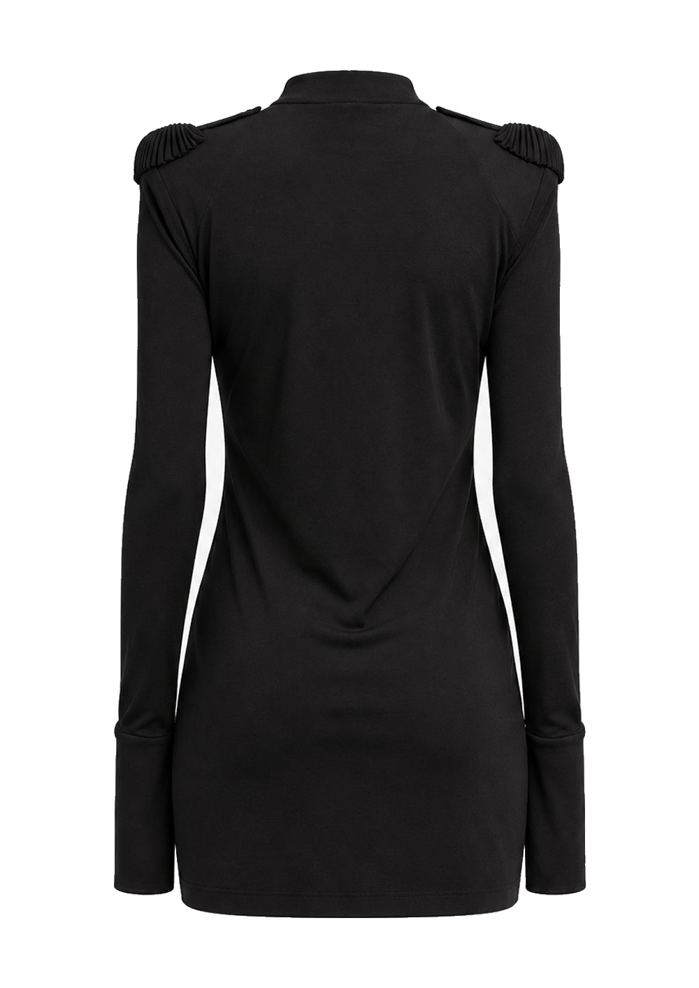 AMEN black light fluid jersey mini dress with structured shoulders, long sleeves and clean draped back view