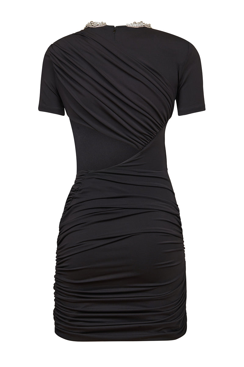 AMEN black draped mini dress with embellished neckline BACK view
