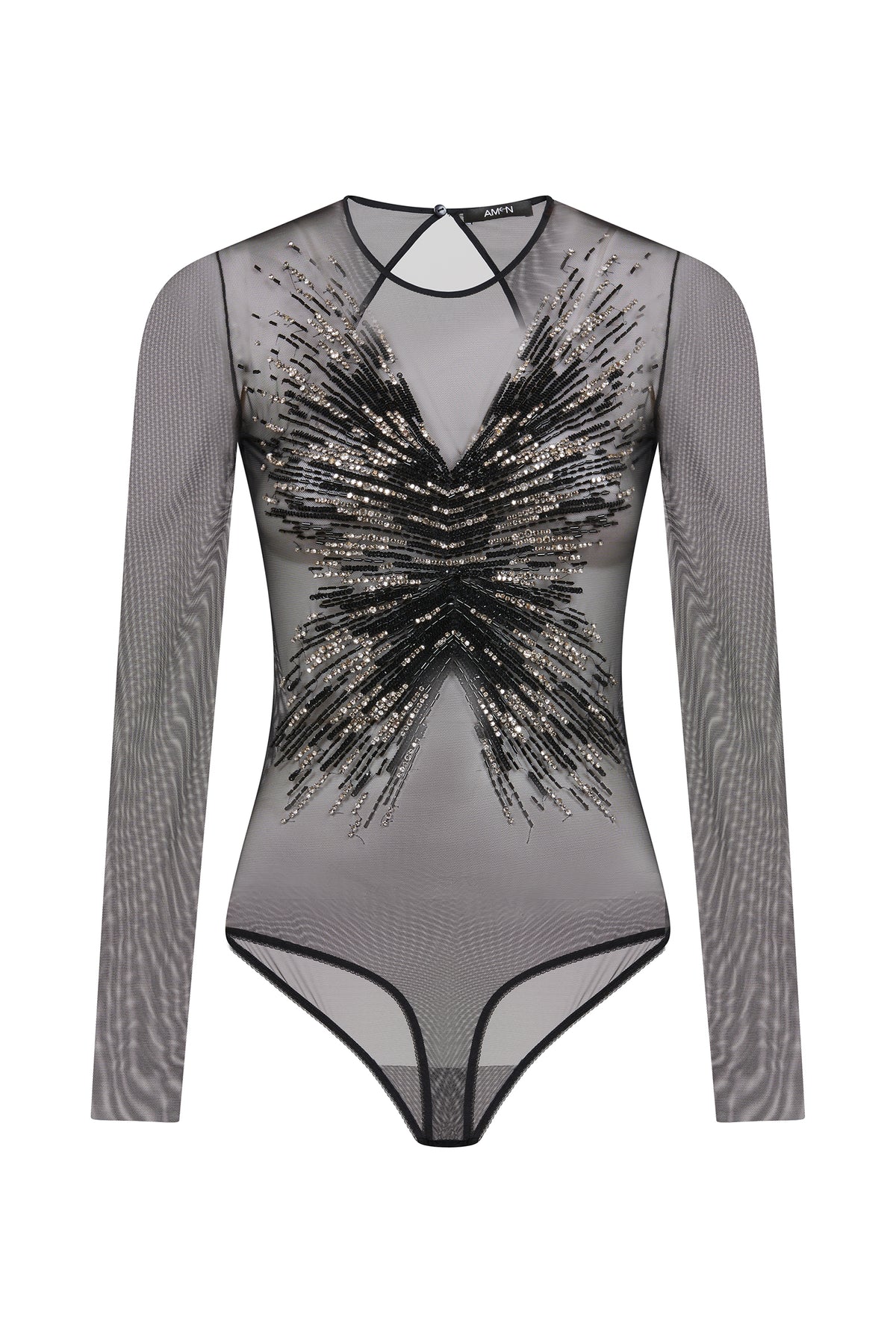AMEN black embroidered net bodysuit with sheer long sleeves and sequin detailing front view 