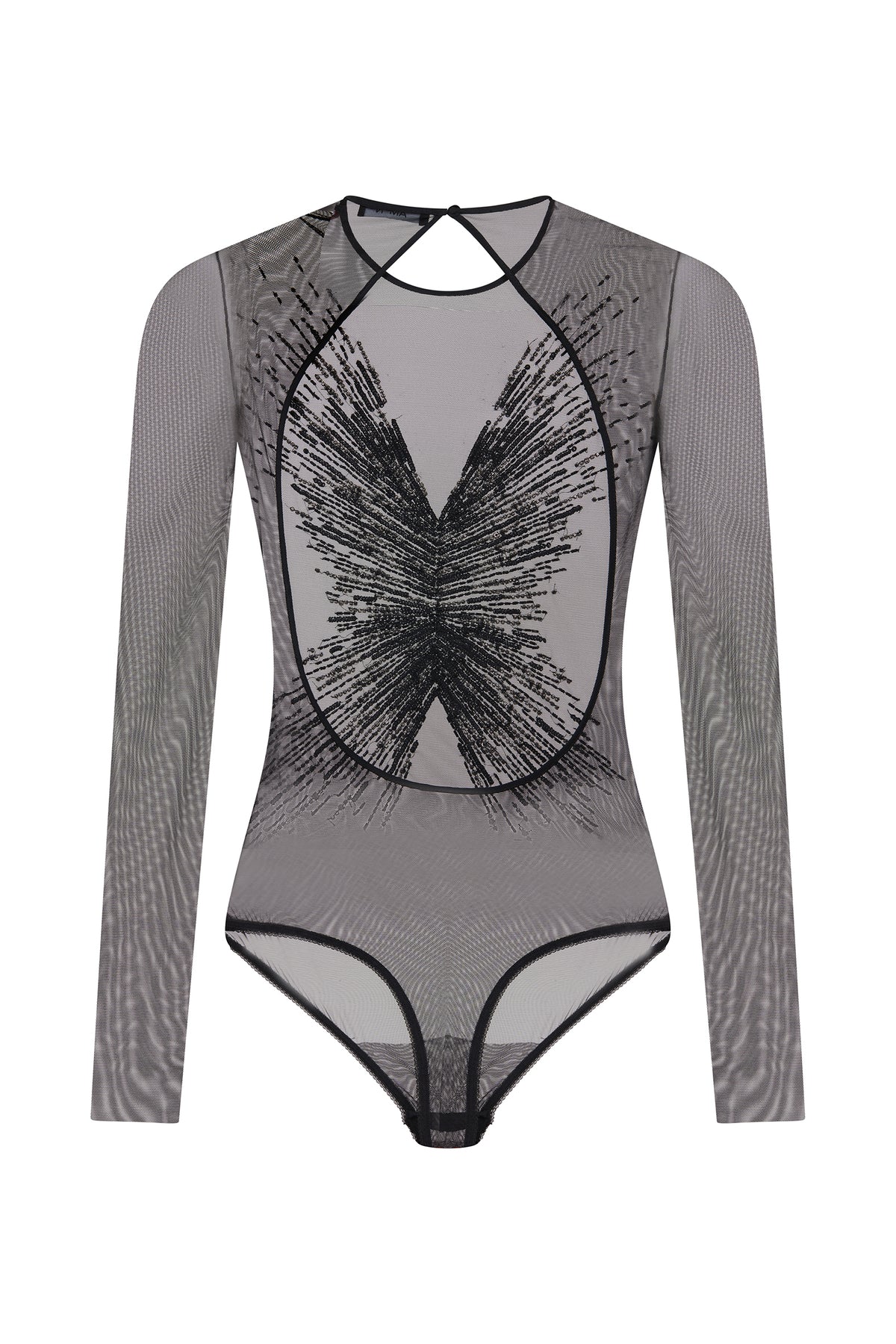 AMEN black embroidered net bodysuit with long sleeves, sequin detailing and large oval open back back view